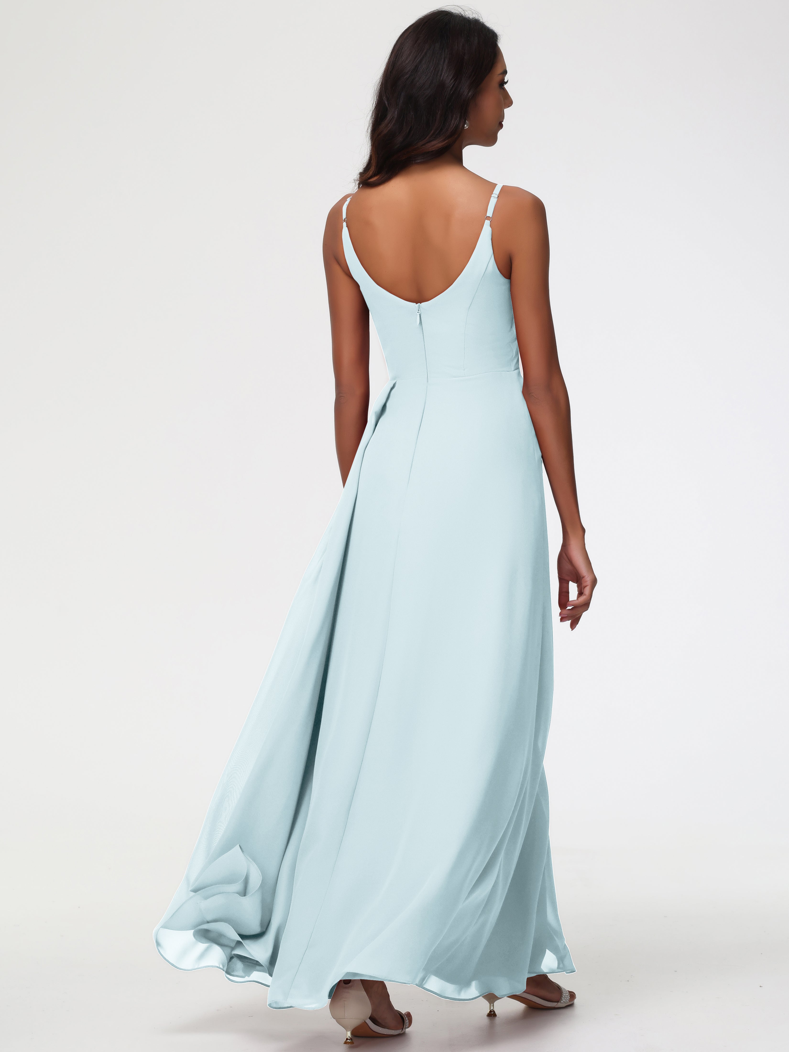 A-Line V-Neck Sleeveless Spaghetti Straps Pleats Chiffon Bridesmaid Dresses With Split