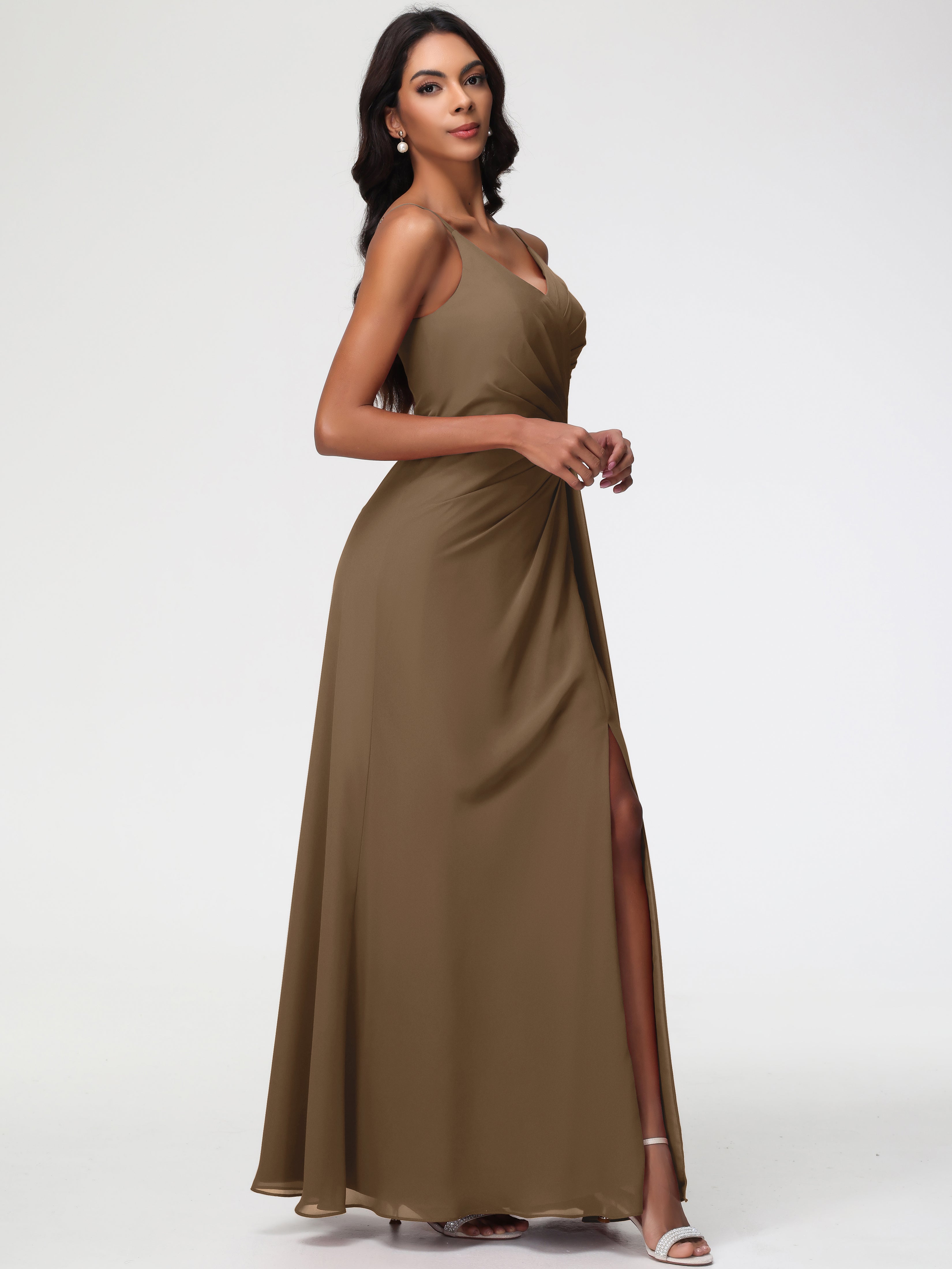 A-Line V-Neck Sleeveless Spaghetti Straps Pleats Chiffon Bridesmaid Dresses With Split