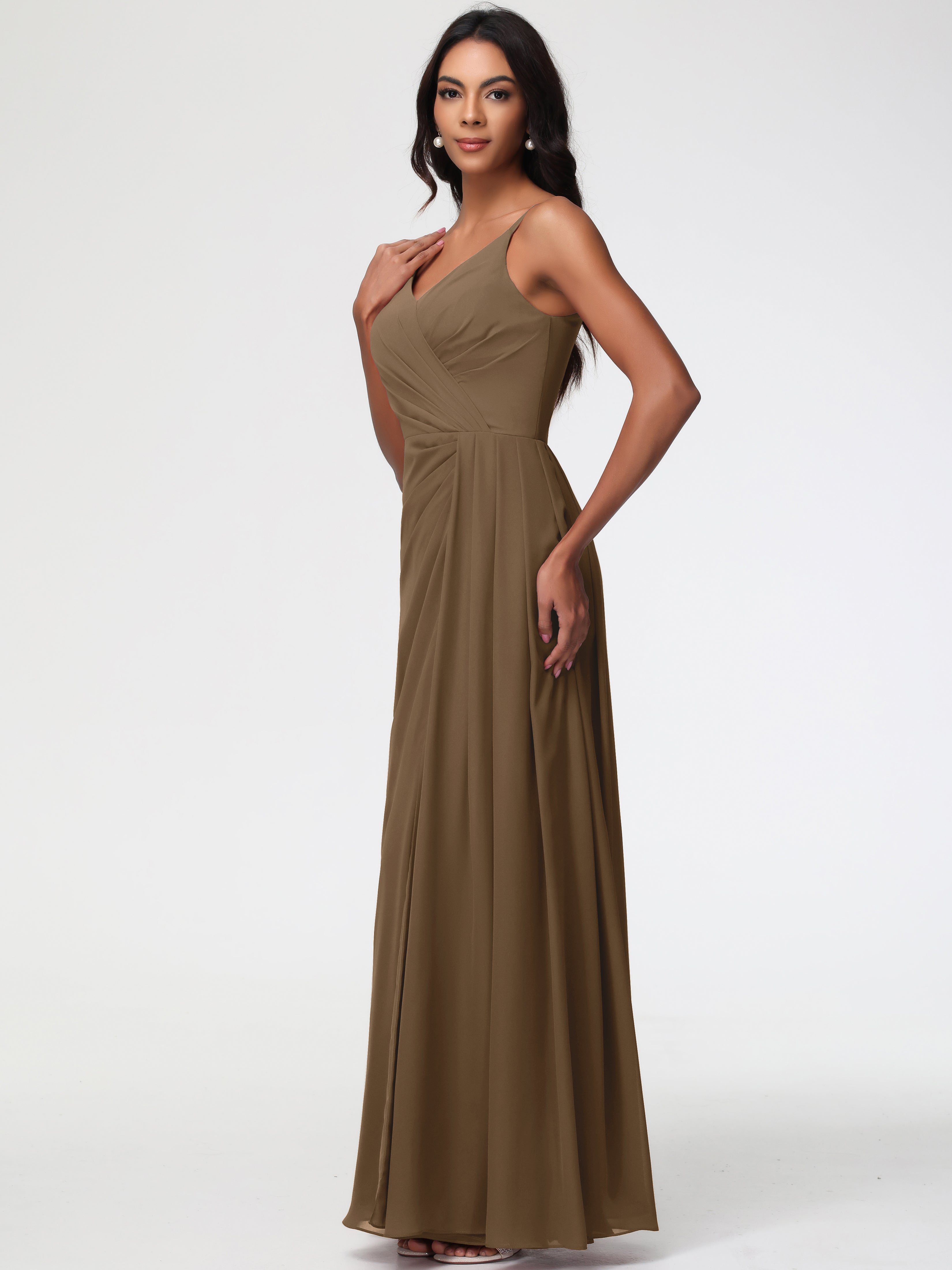 A-Line V-Neck Sleeveless Spaghetti Straps Pleats Chiffon Bridesmaid Dresses With Split