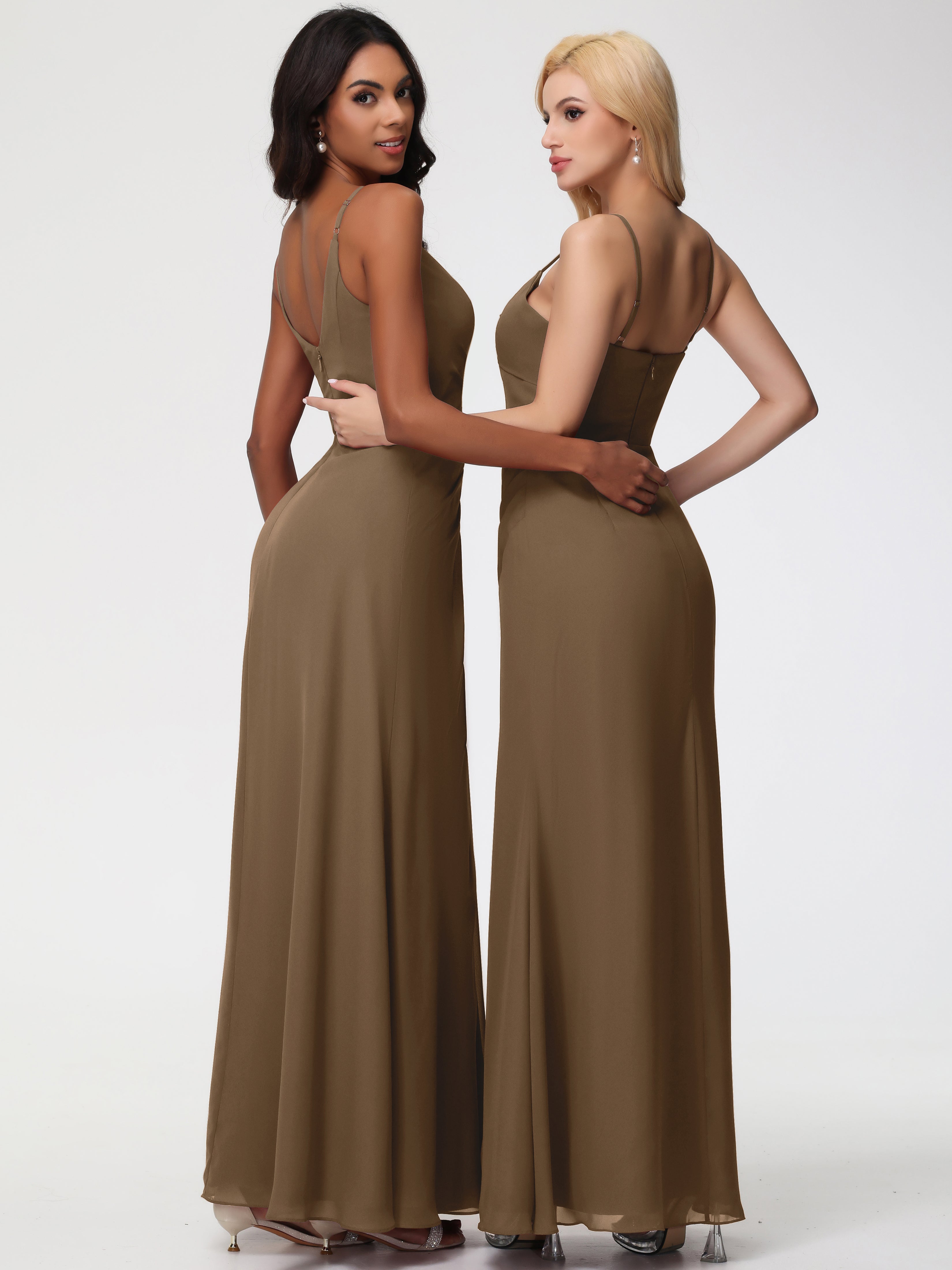 A-Line V-Neck Sleeveless Spaghetti Straps Pleats Chiffon Bridesmaid Dresses With Split