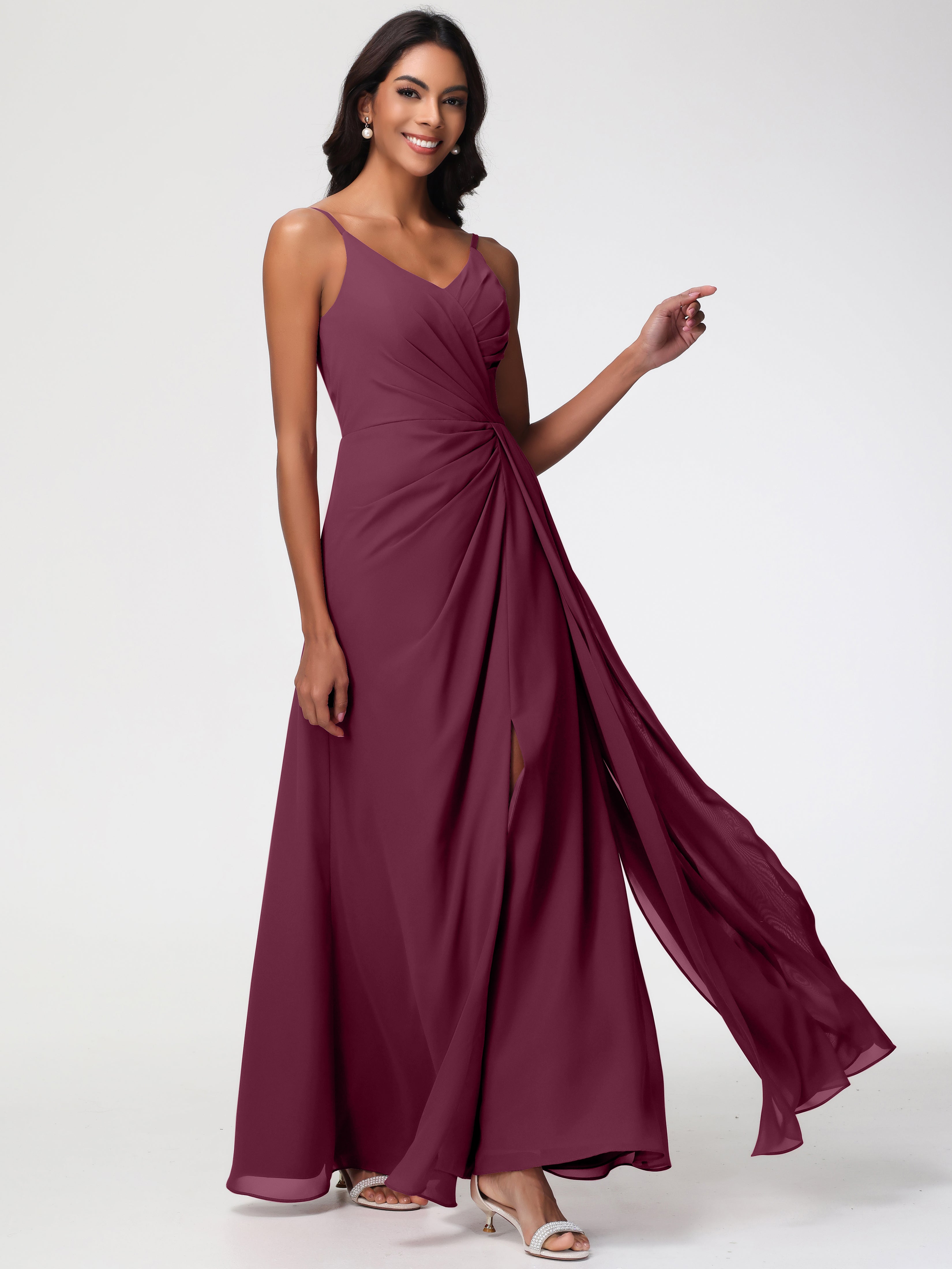 A-Line V-Neck Sleeveless Spaghetti Straps Pleats Chiffon Bridesmaid Dresses With Split (Copy)