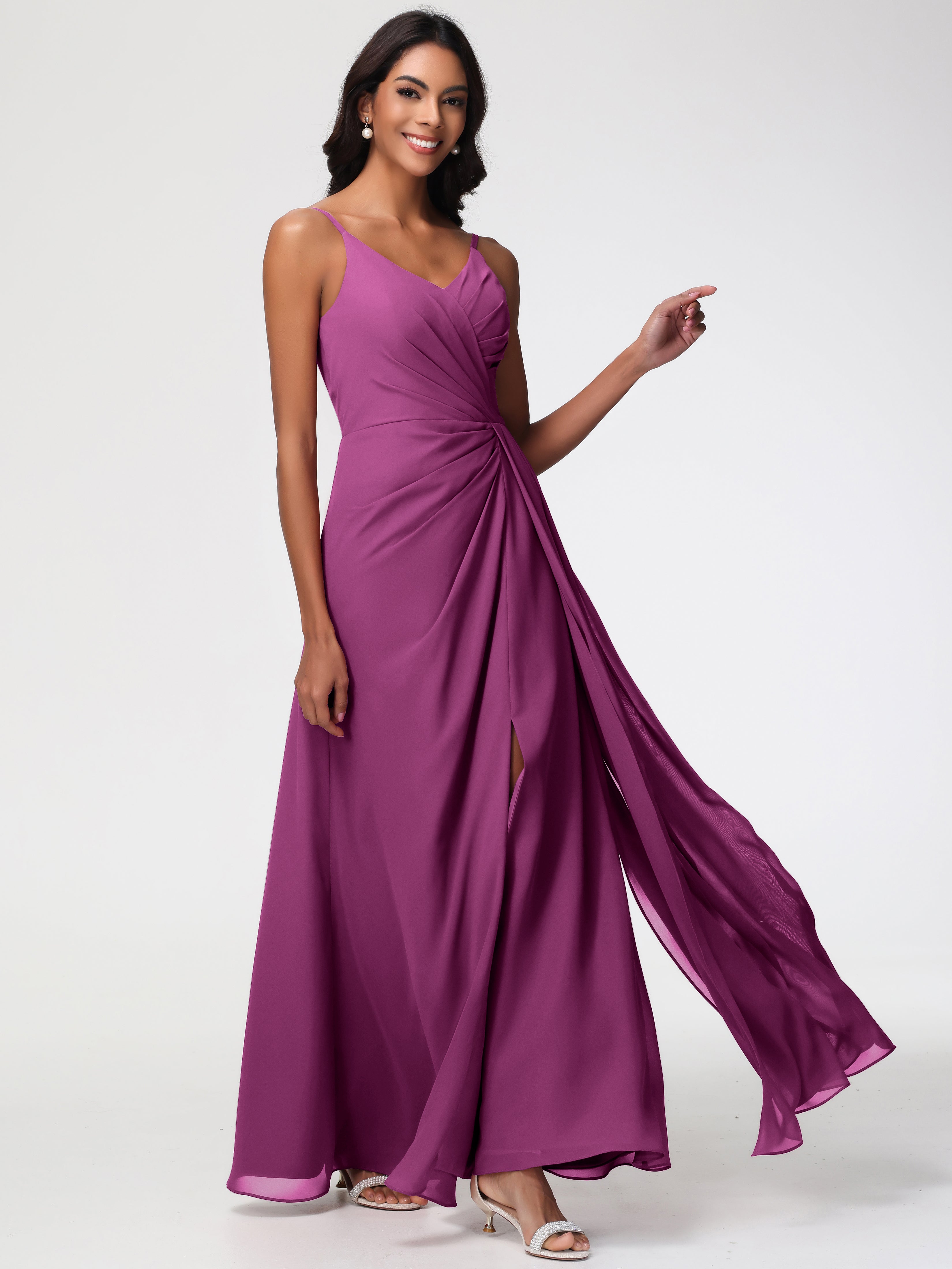 A-Line V-Neck Sleeveless Spaghetti Straps Pleats Chiffon Bridesmaid Dresses With Split (Copy)