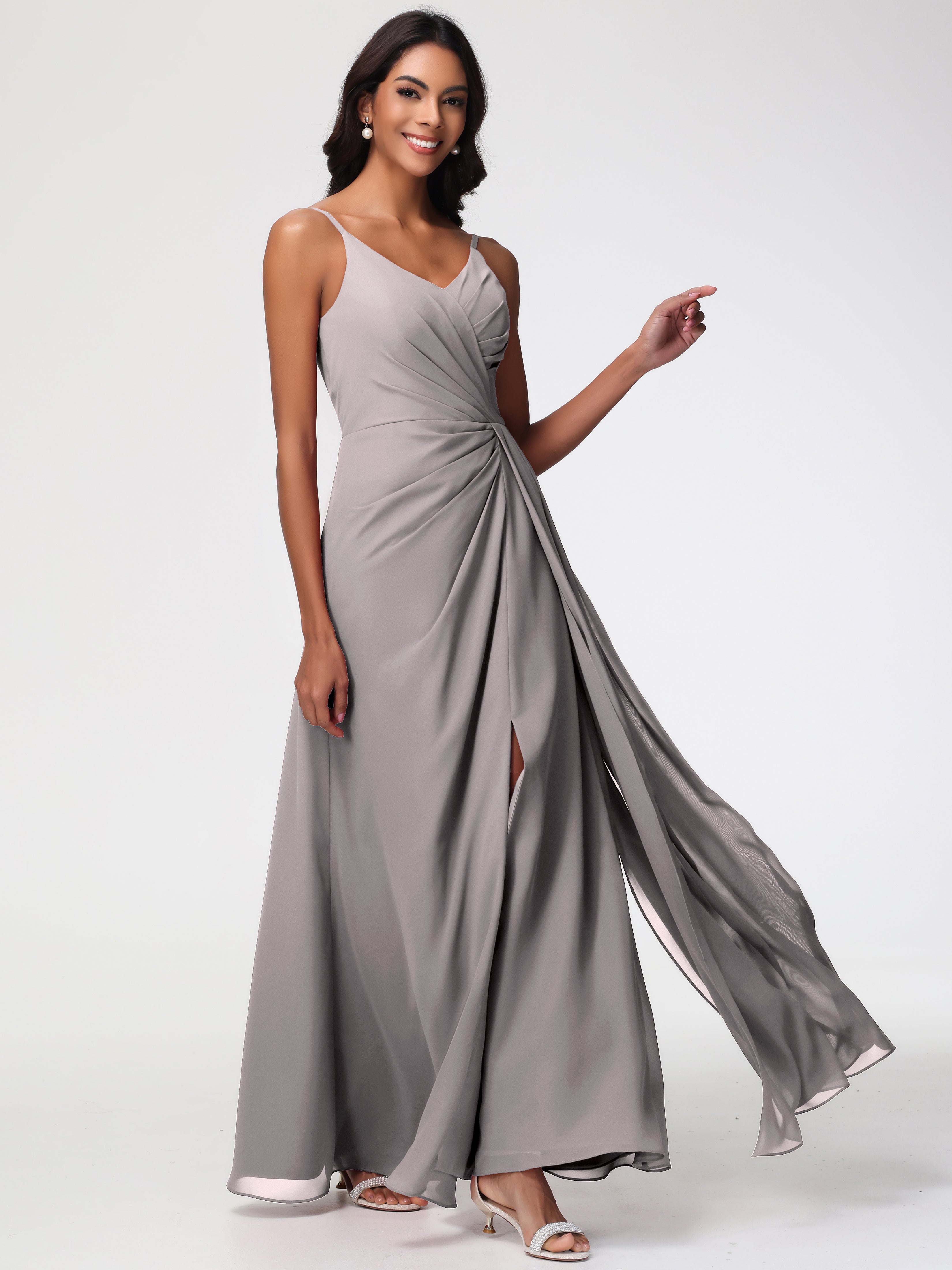A-Line V-Neck Sleeveless Spaghetti Straps Pleats Chiffon Bridesmaid Dresses With Split (Copy)