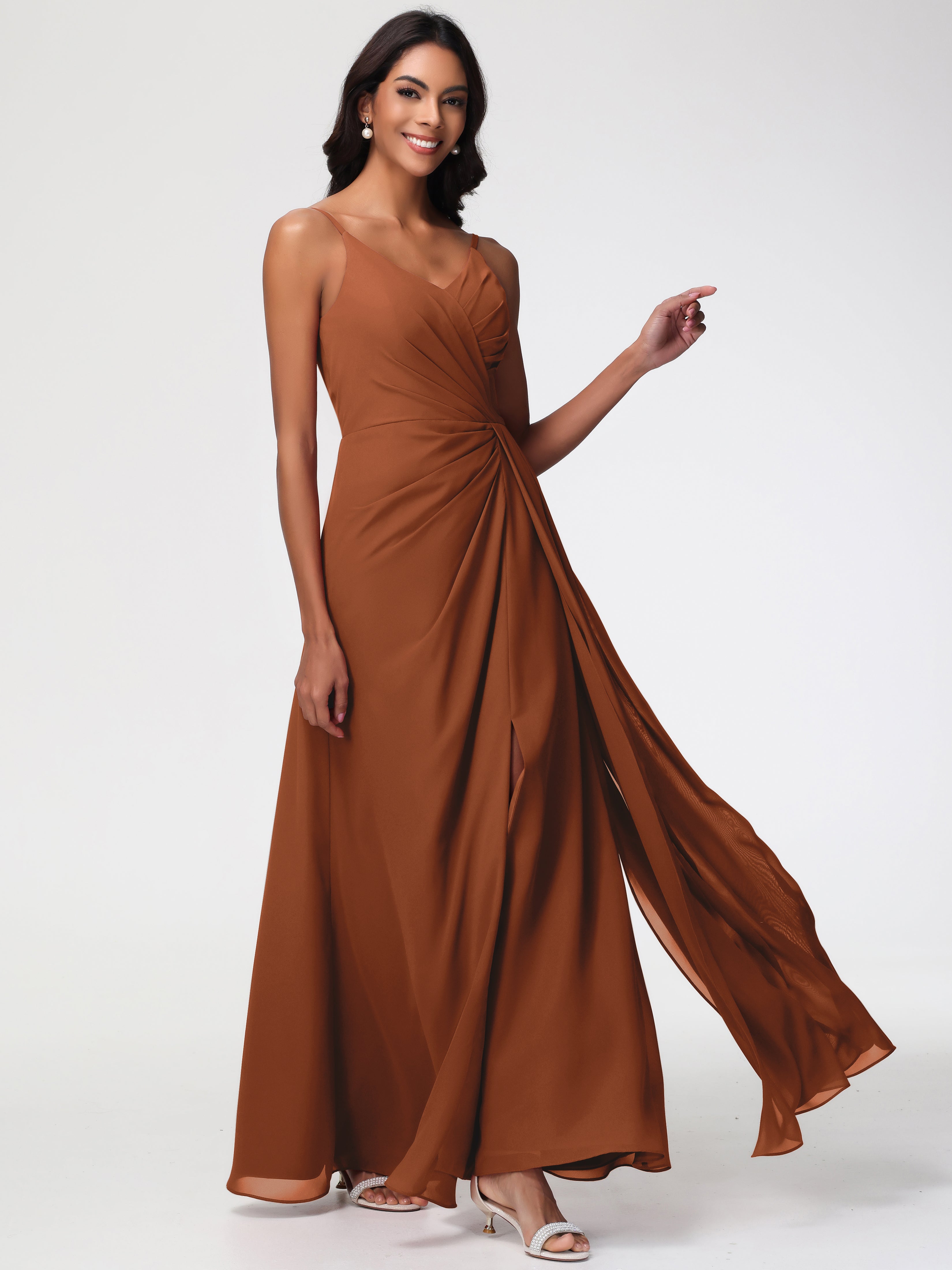 Dark Terracotta Bridesmaid Dress A-Line V-Neck Sleeveless Spaghetti Straps Pleats Chiffon Bridesmaid Dresses With Split