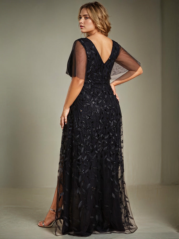 Black Plus Size V-Neck Short Sleeves Sequin Mother of the Bride Dresses