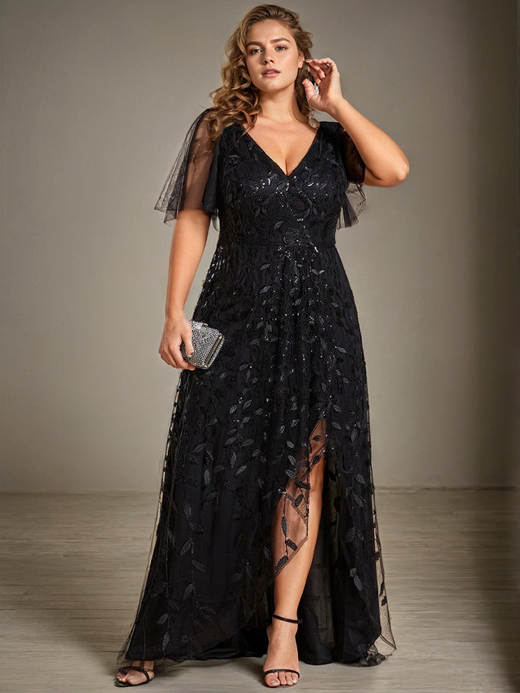 Black Plus Size V-Neck Short Sleeves Sequin Mother of the Bride Dresses