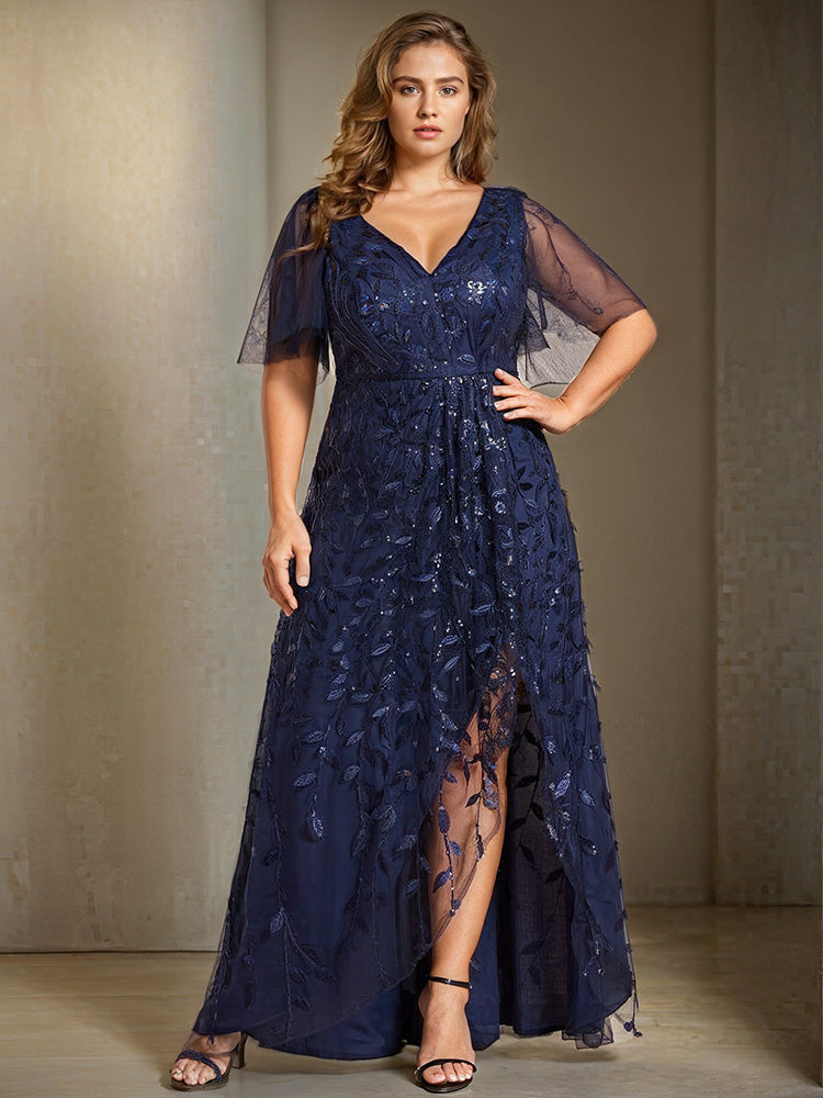 Navy Plus Size V-Neck Short Sleeves Sequin Mother of the Bride Dresses Navy Plus Size V-Neck Short Sleeves Sequin Mother of the Bride Dresses