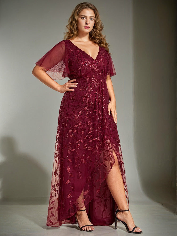 Plus Size V-Neck Short Sleeves Sequin Mother of the Bride Dresses