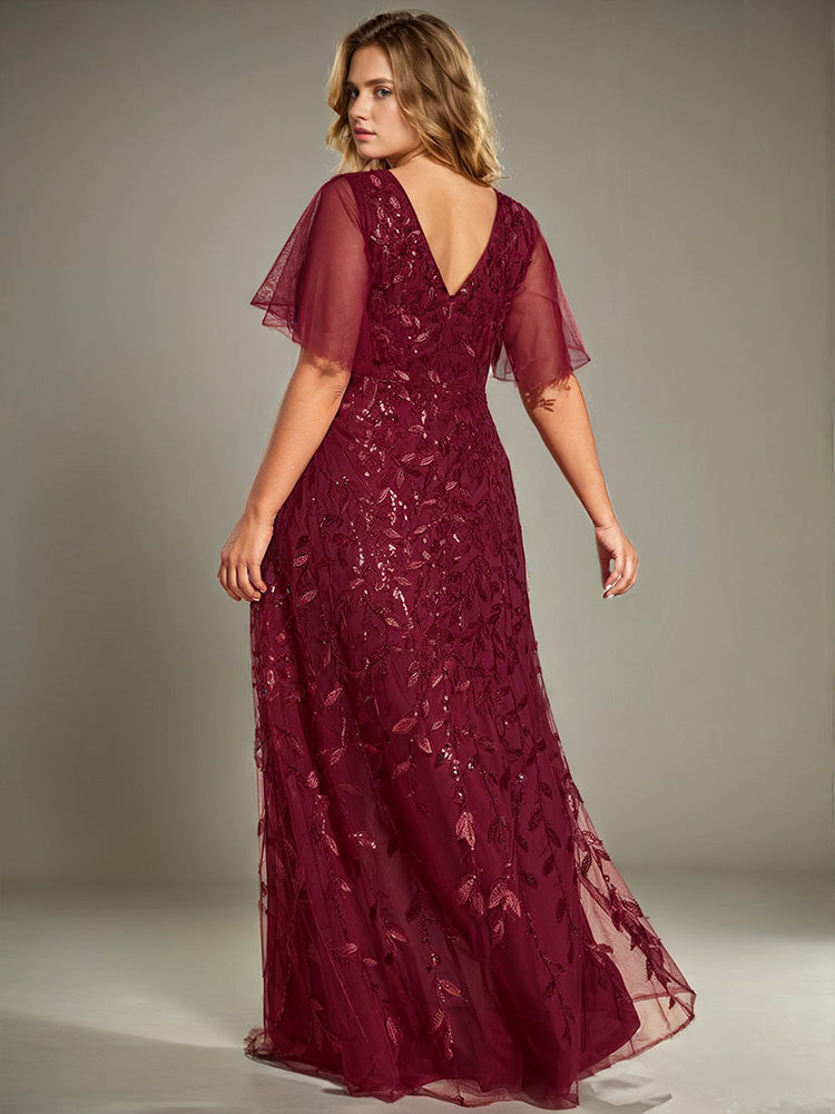 Plus Size V-Neck Short Sleeves Sequin Mother of the Bride Dresses