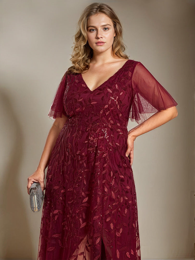 Plus Size V-Neck Short Sleeves Sequin Mother of the Bride Dresses