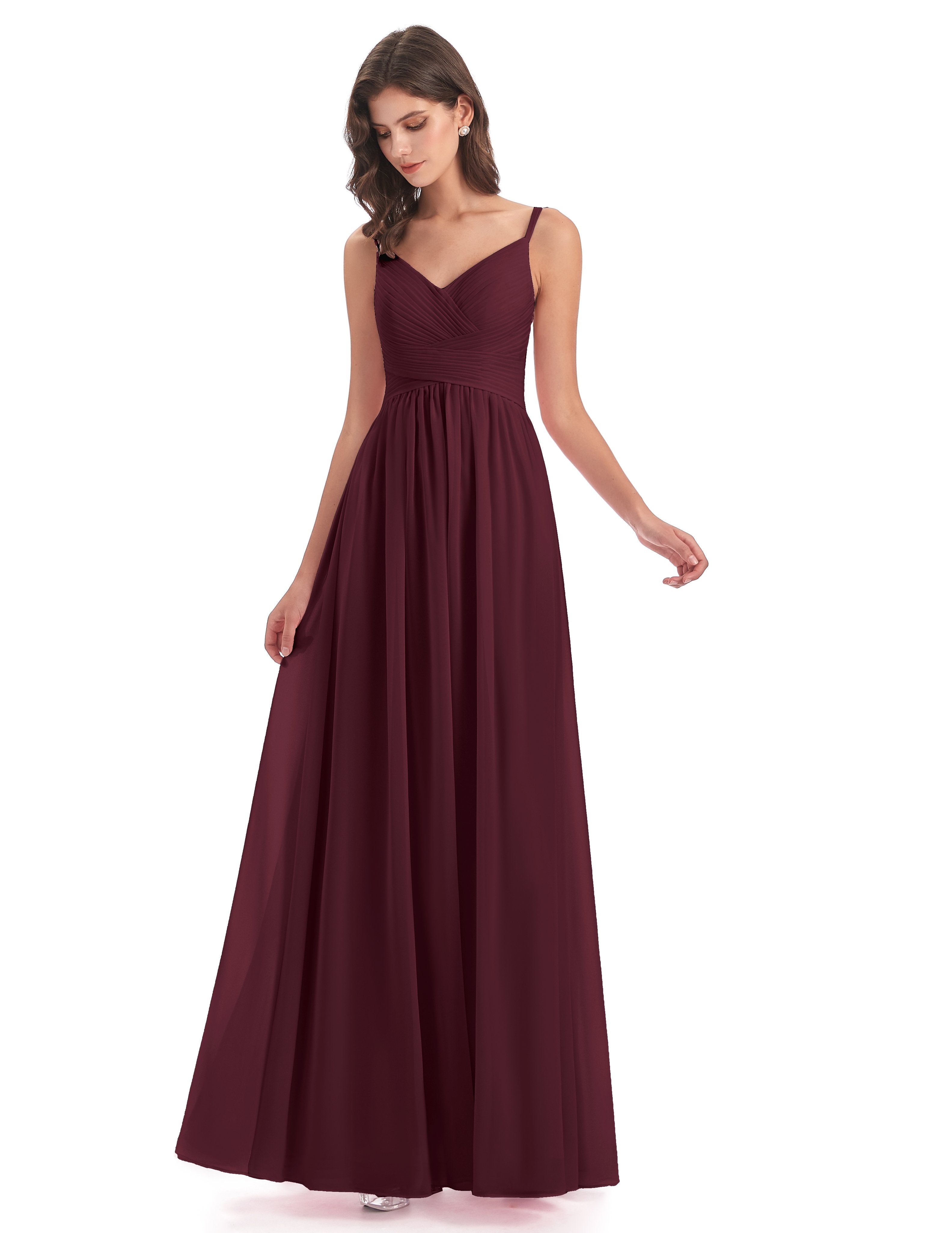Cabernet Color Bridesmaid Dress Poppy Simple Spaghetti Straps Pleating Long Bridesmaid Dresses