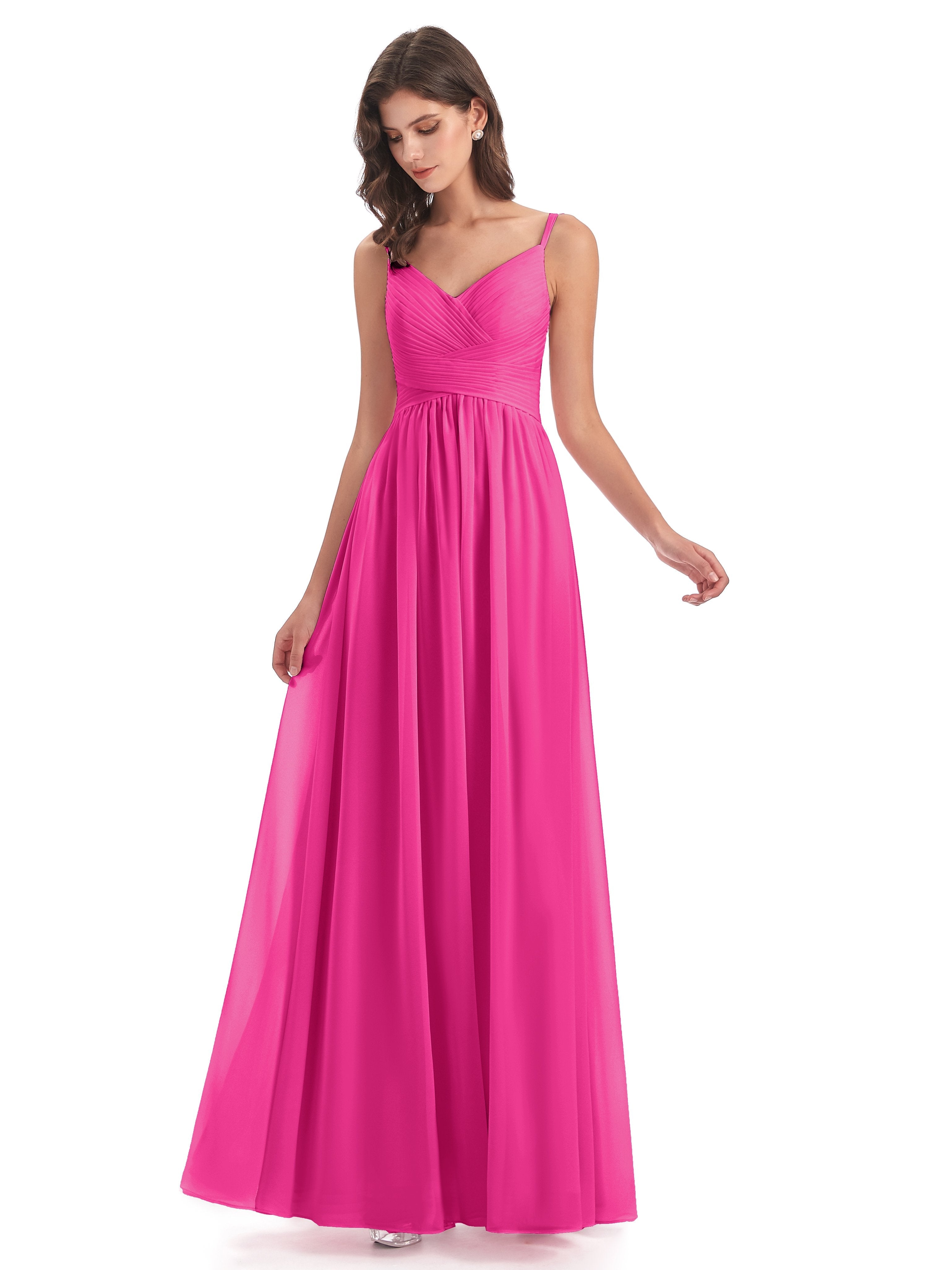 Fuchsia Dress Bridesmaid Poppy Simple Spaghetti Straps Pleating Long B