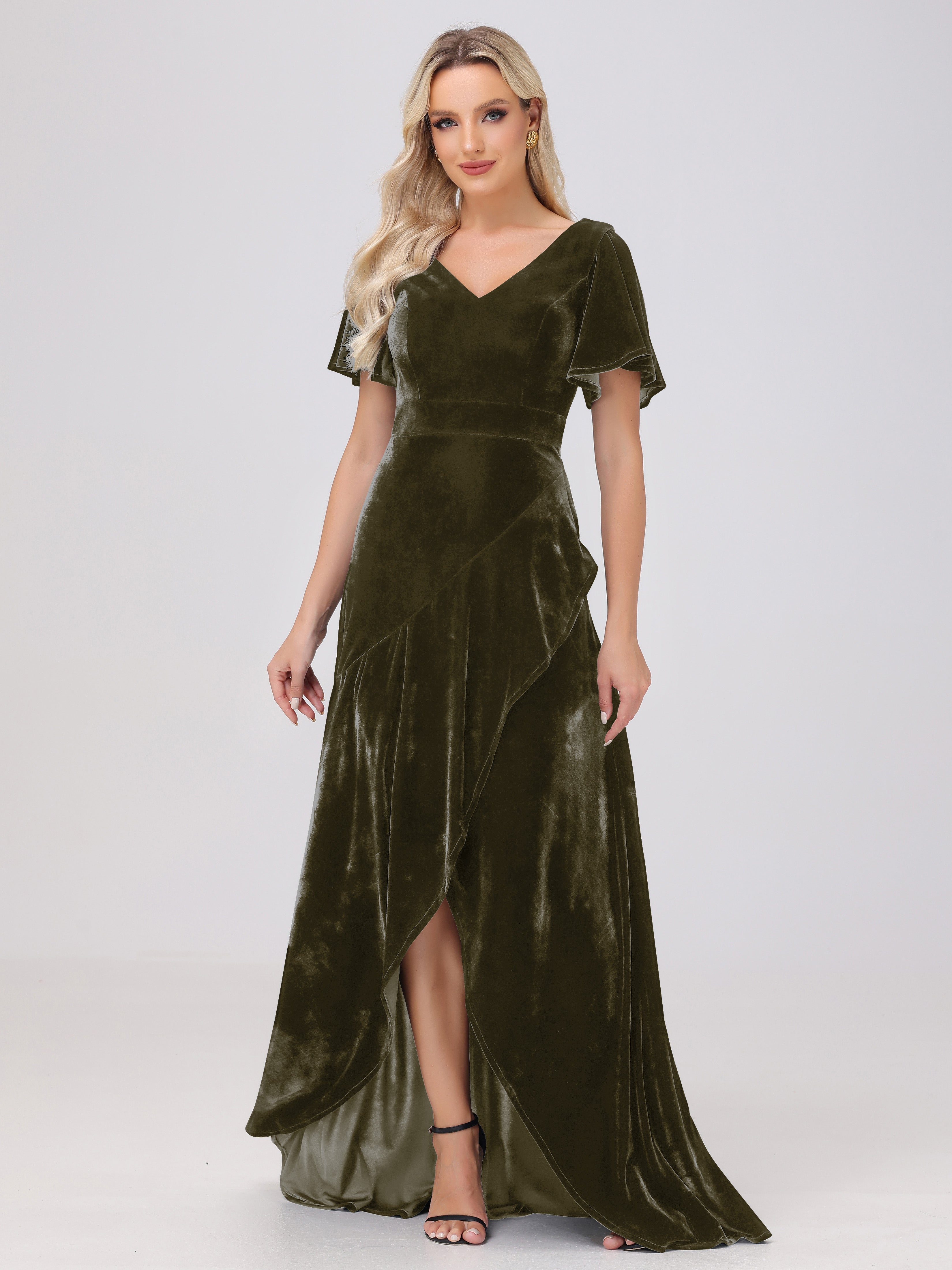 High-Low Short Sleeves V-Neck Velvet Bridesmaid Dresses With Split High-Low Short Sleeves V-Neck Velvet Bridesmaid Dresses With Split