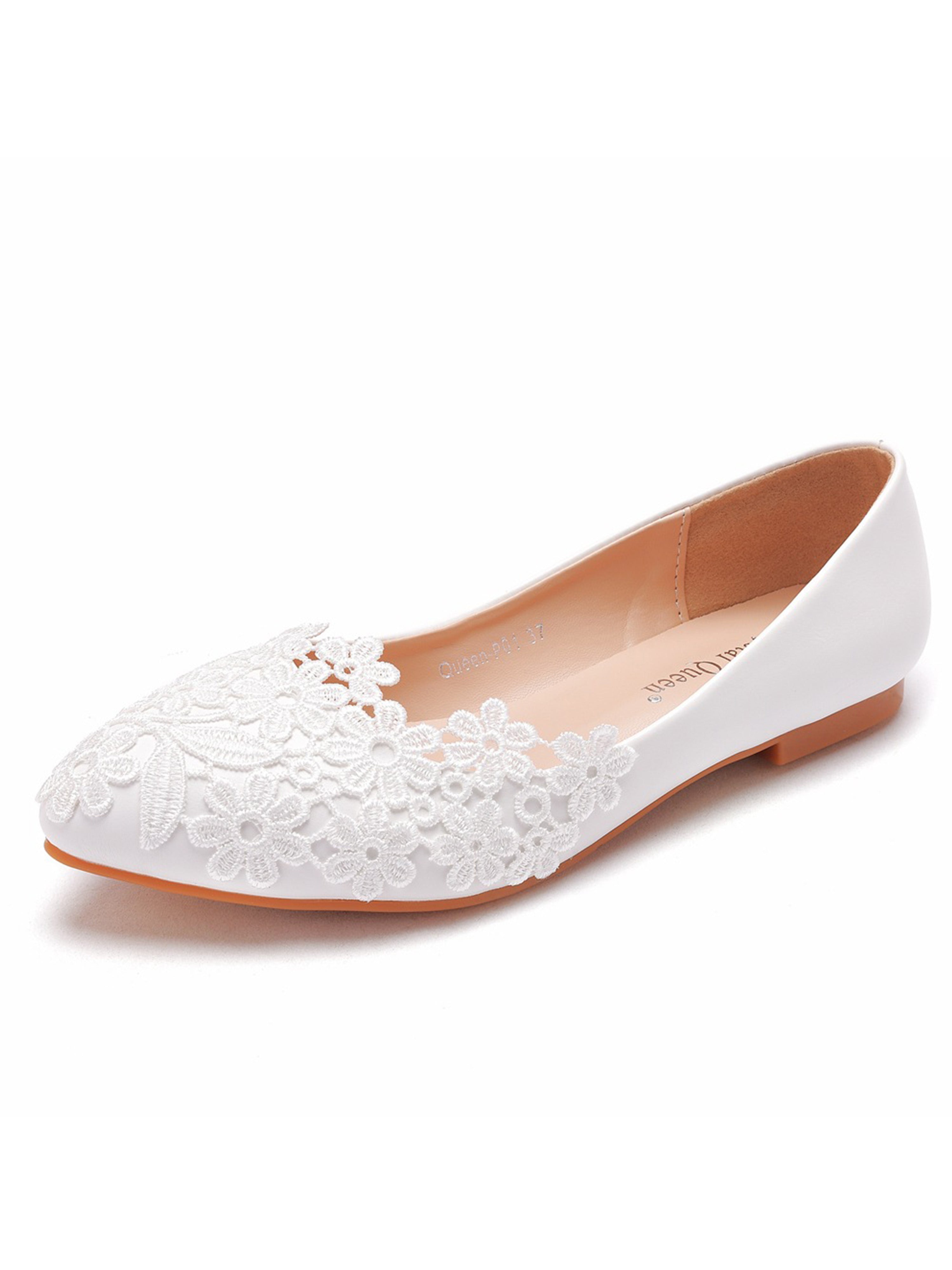 Flat Lace Wedding Shoes White Pointed Casual Flat Heels