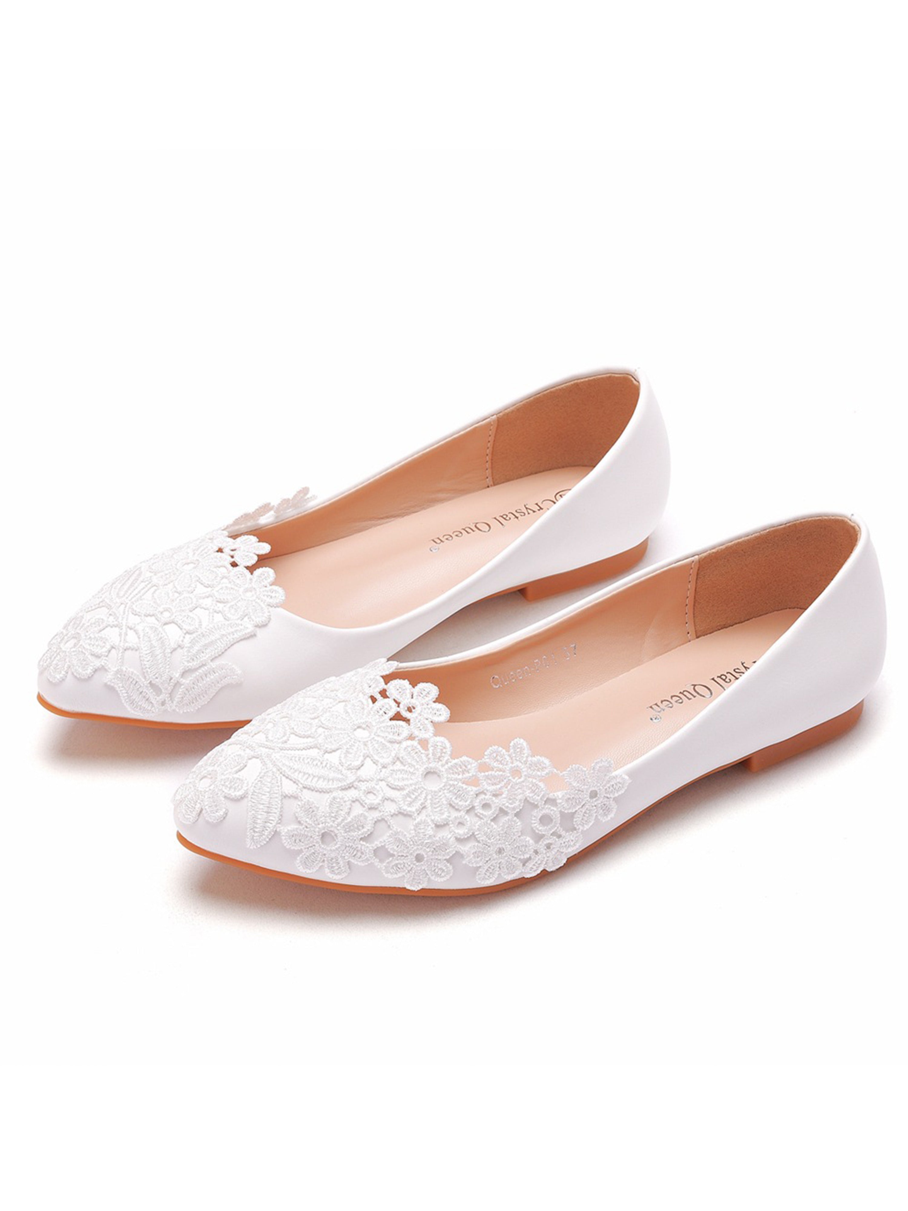 Flat Lace Wedding Shoes White Pointed Casual Flat Heels