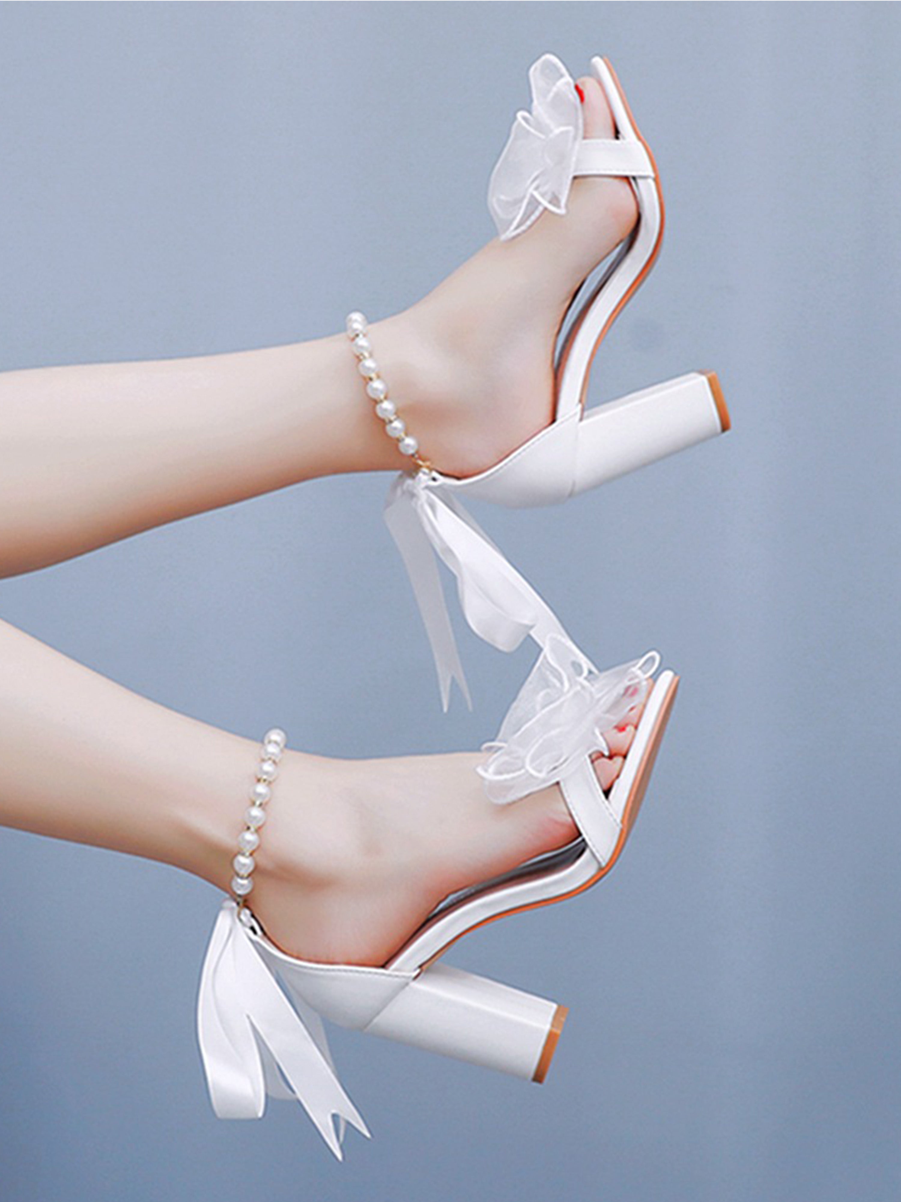 Bow Block Heels Beaded Floating Strap Sandals Female