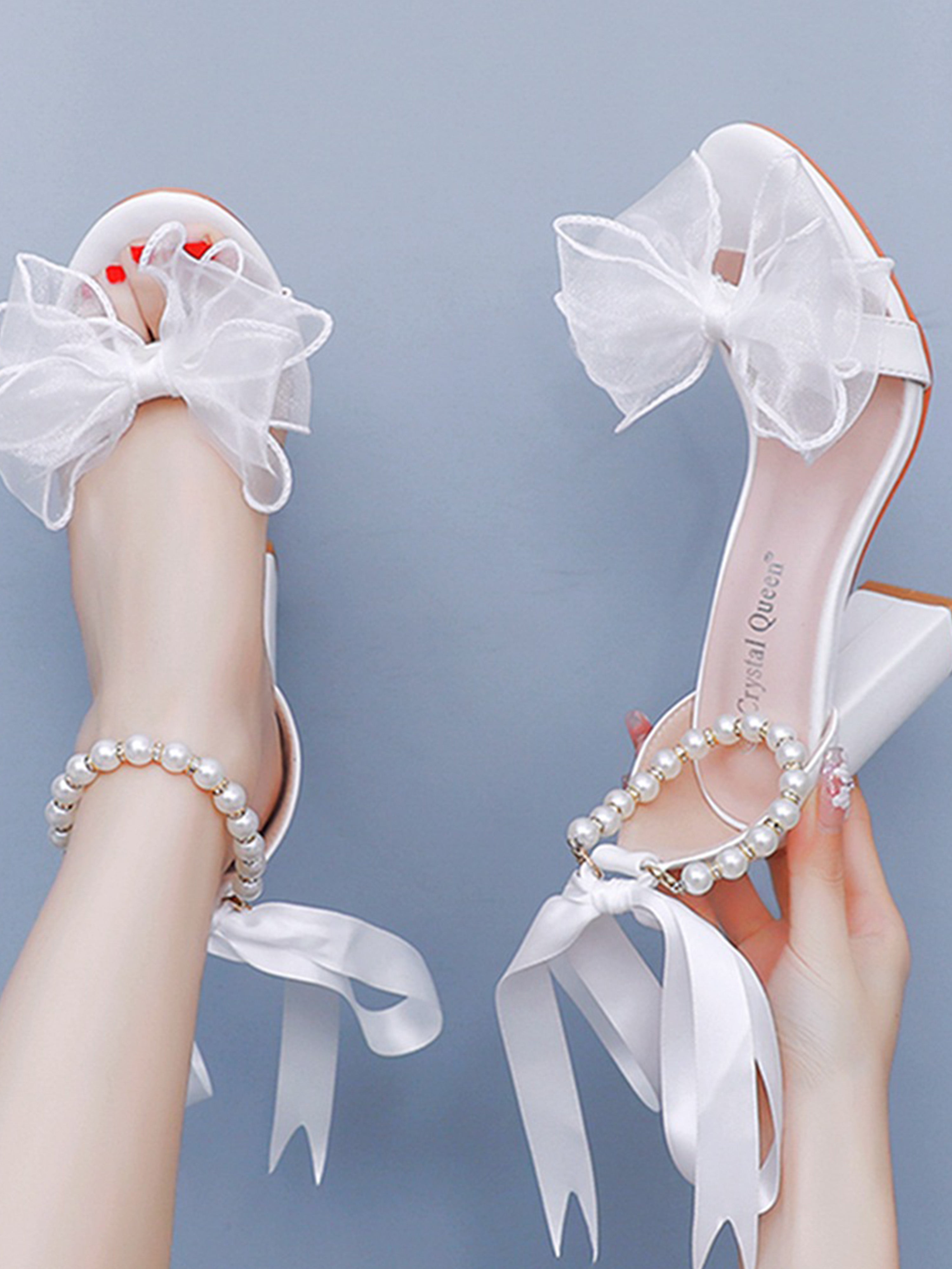 Bow Block Heels Beaded Floating Strap Sandals Female