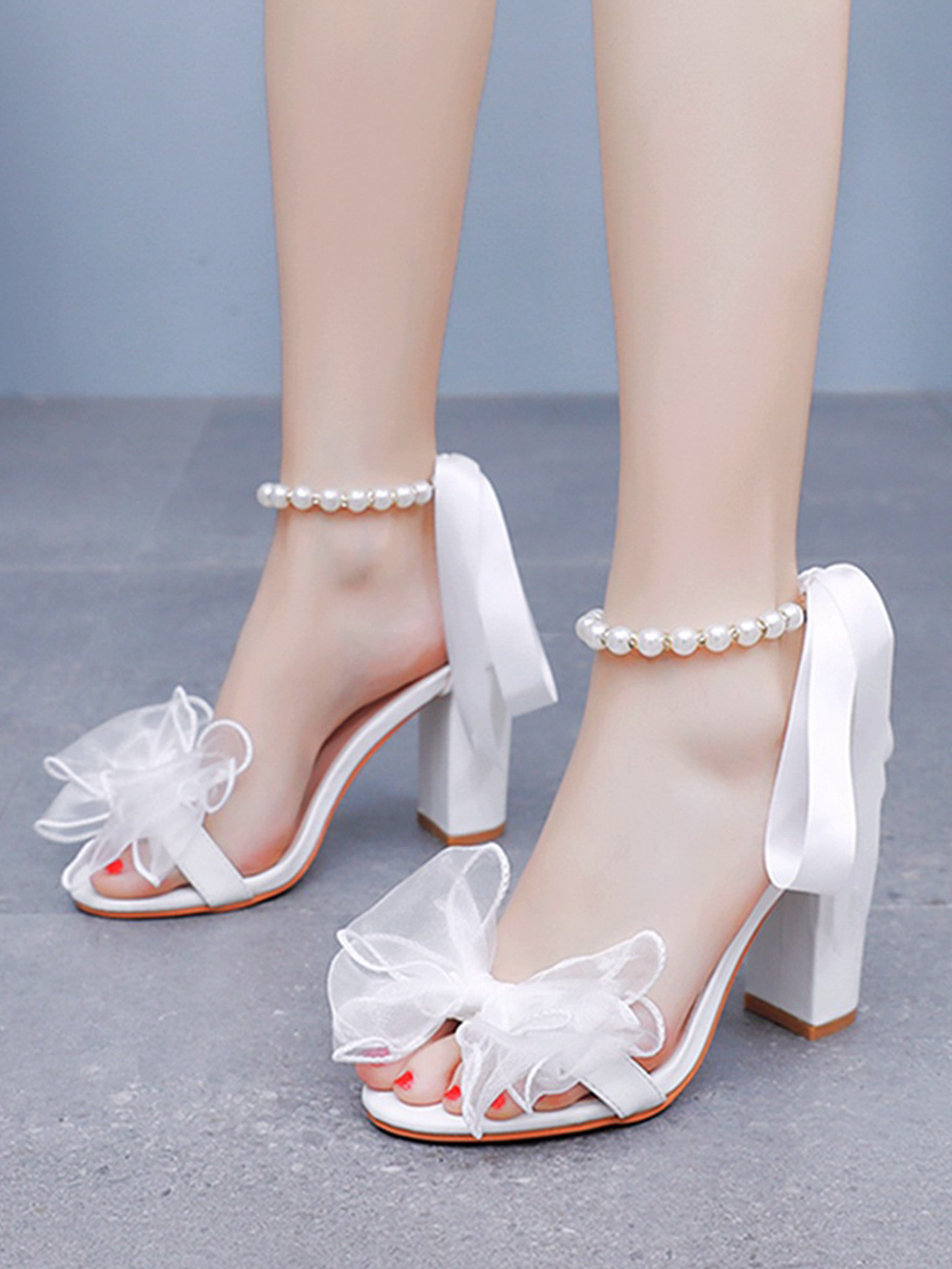 Bow Block Heels Beaded Floating Strap Sandals Female