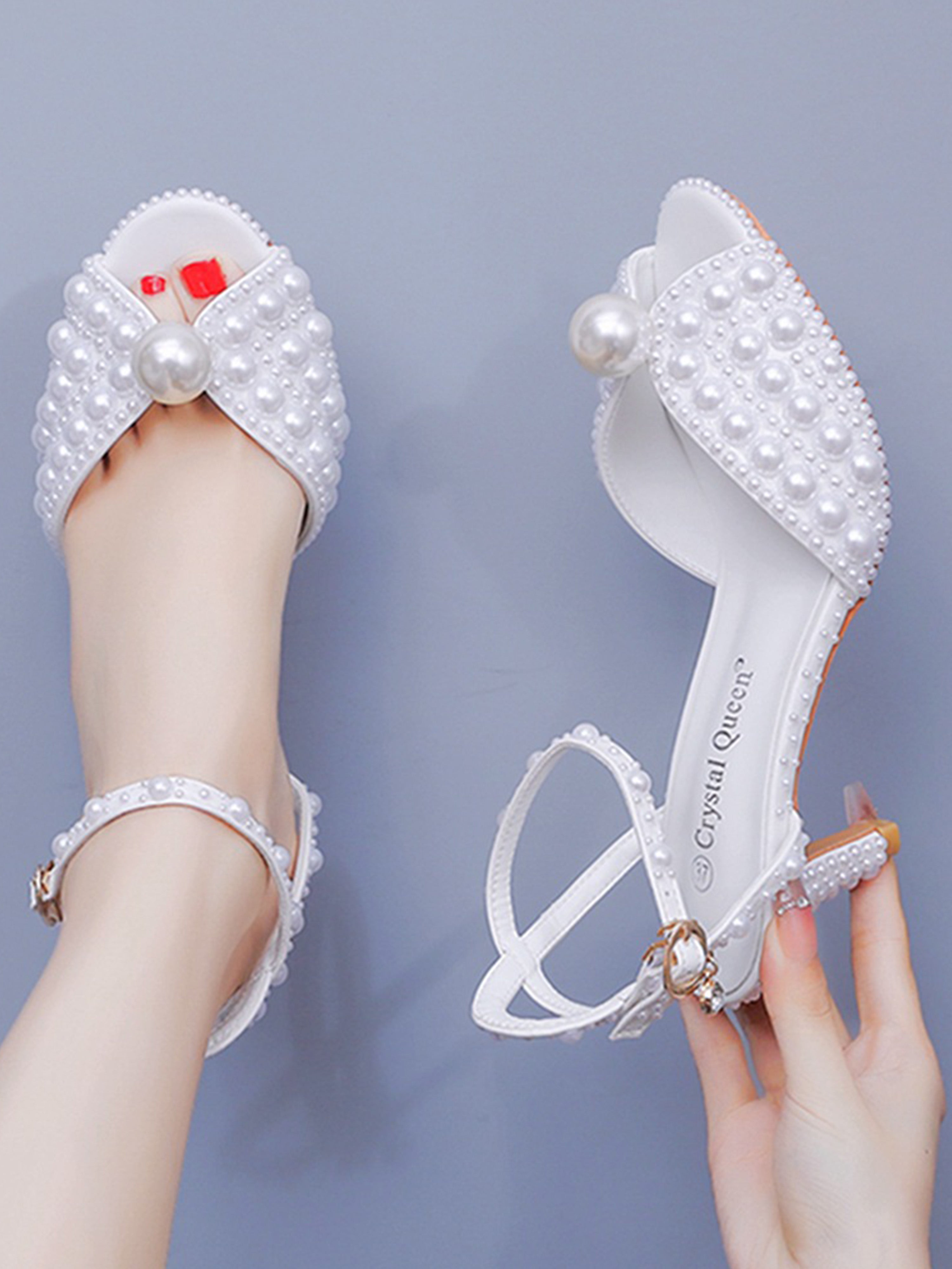 White Peep Toe Heels Beading Pearl Wedding Shoes