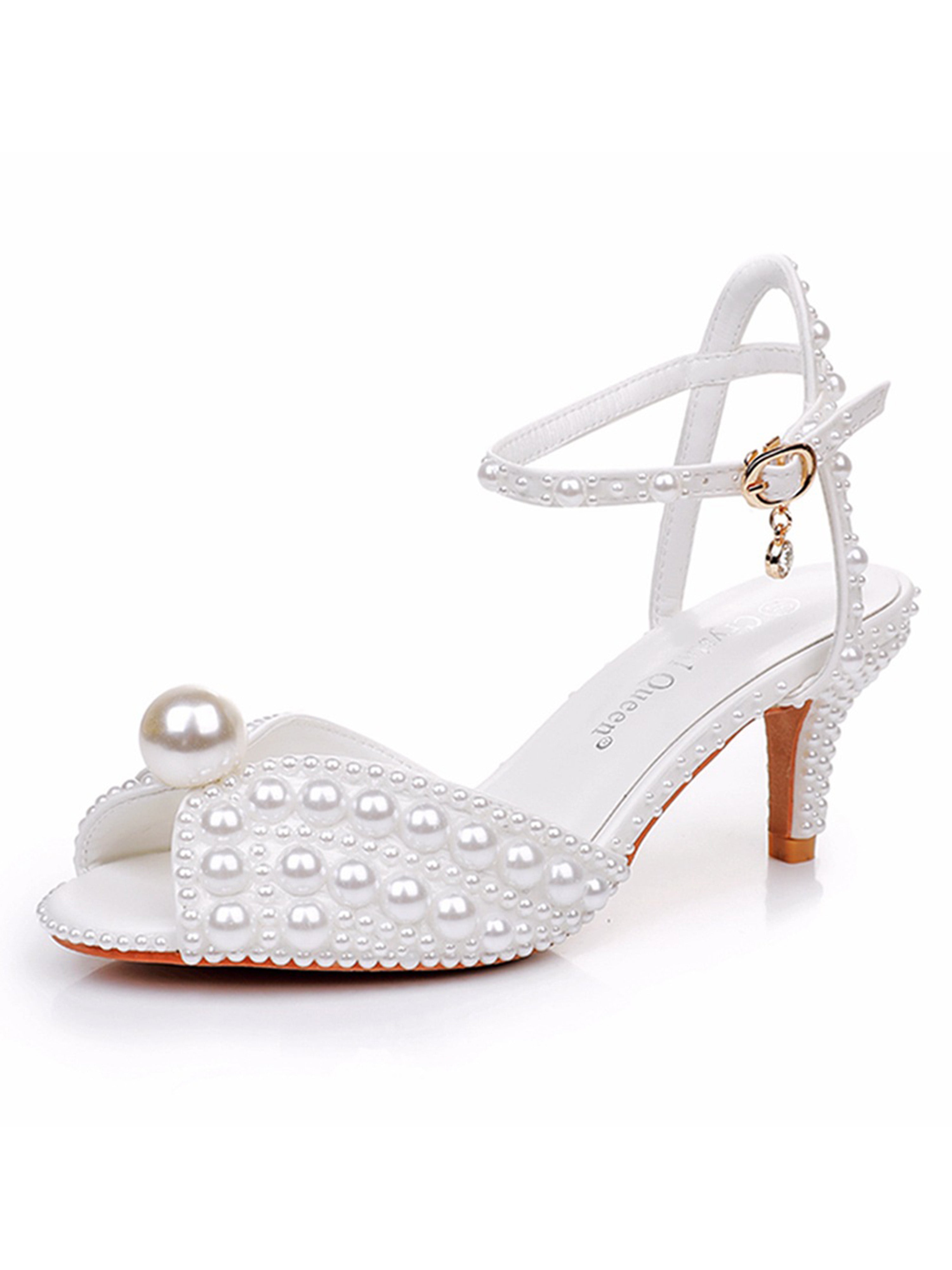 White Peep Toe Heels Beading Pearl Wedding Shoes
