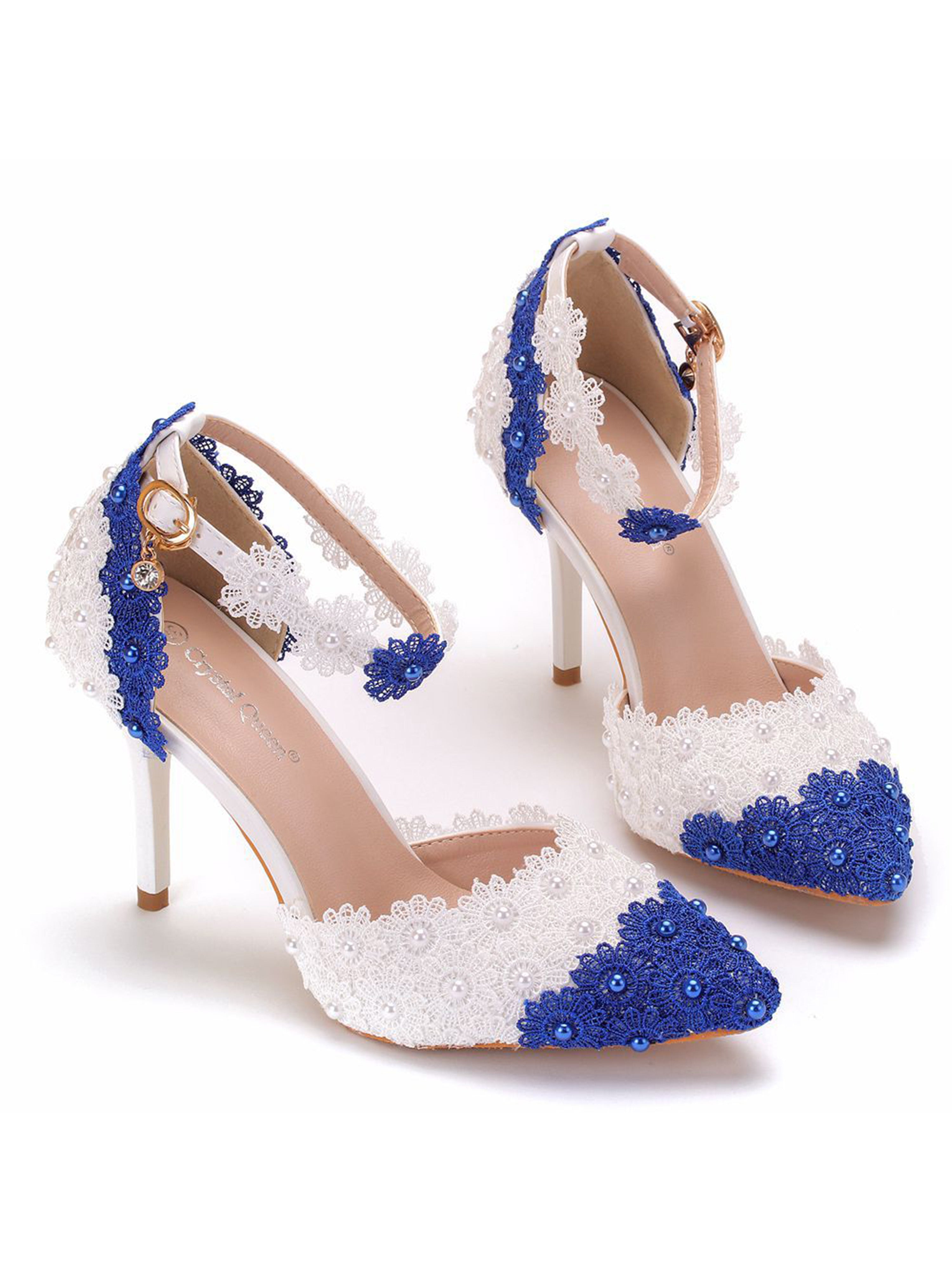 Contrast Blue and White Lace Flower Slim Heeled Sandals