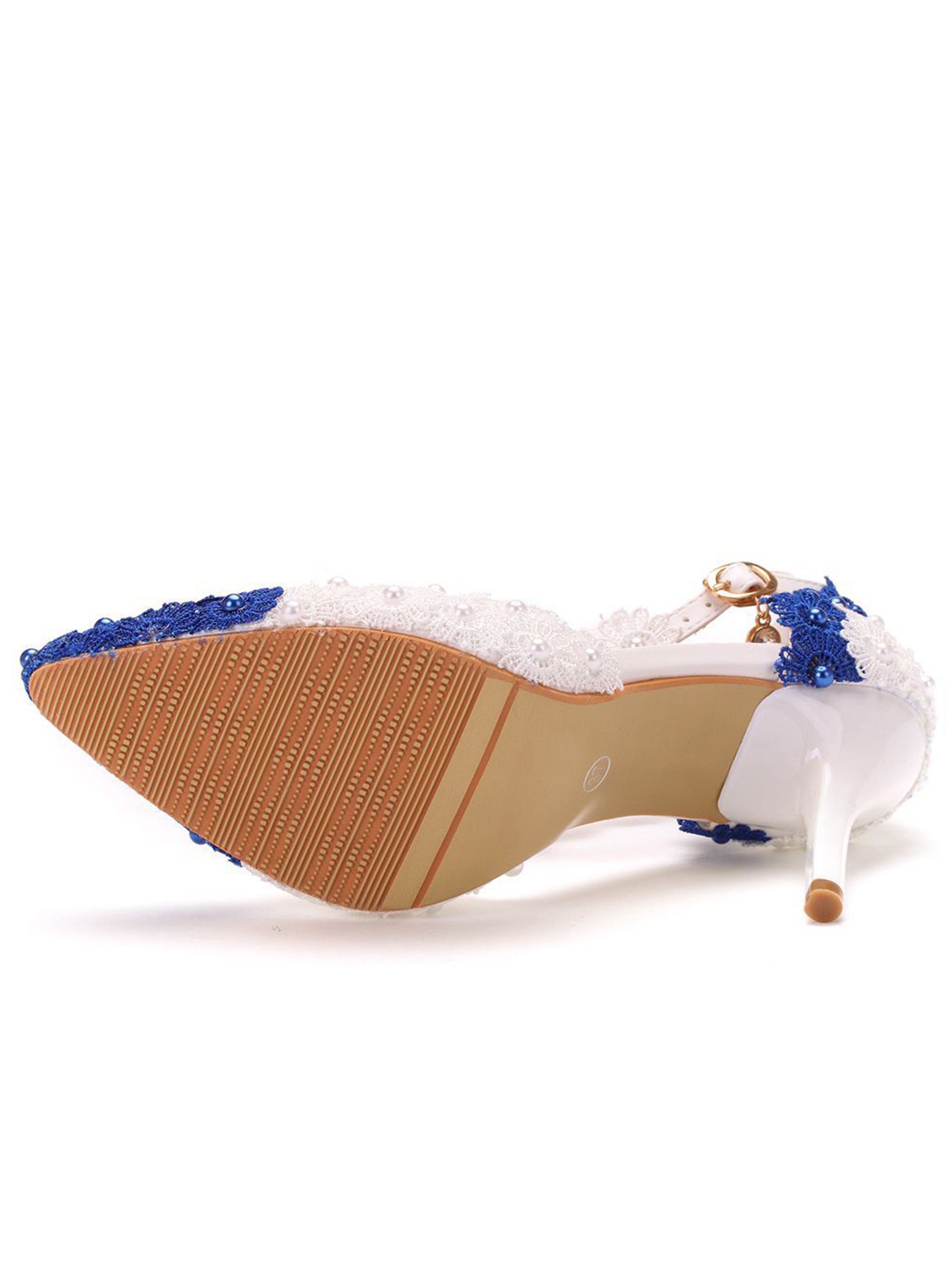 Contrast Blue and White Lace Flower Slim Heeled Sandals