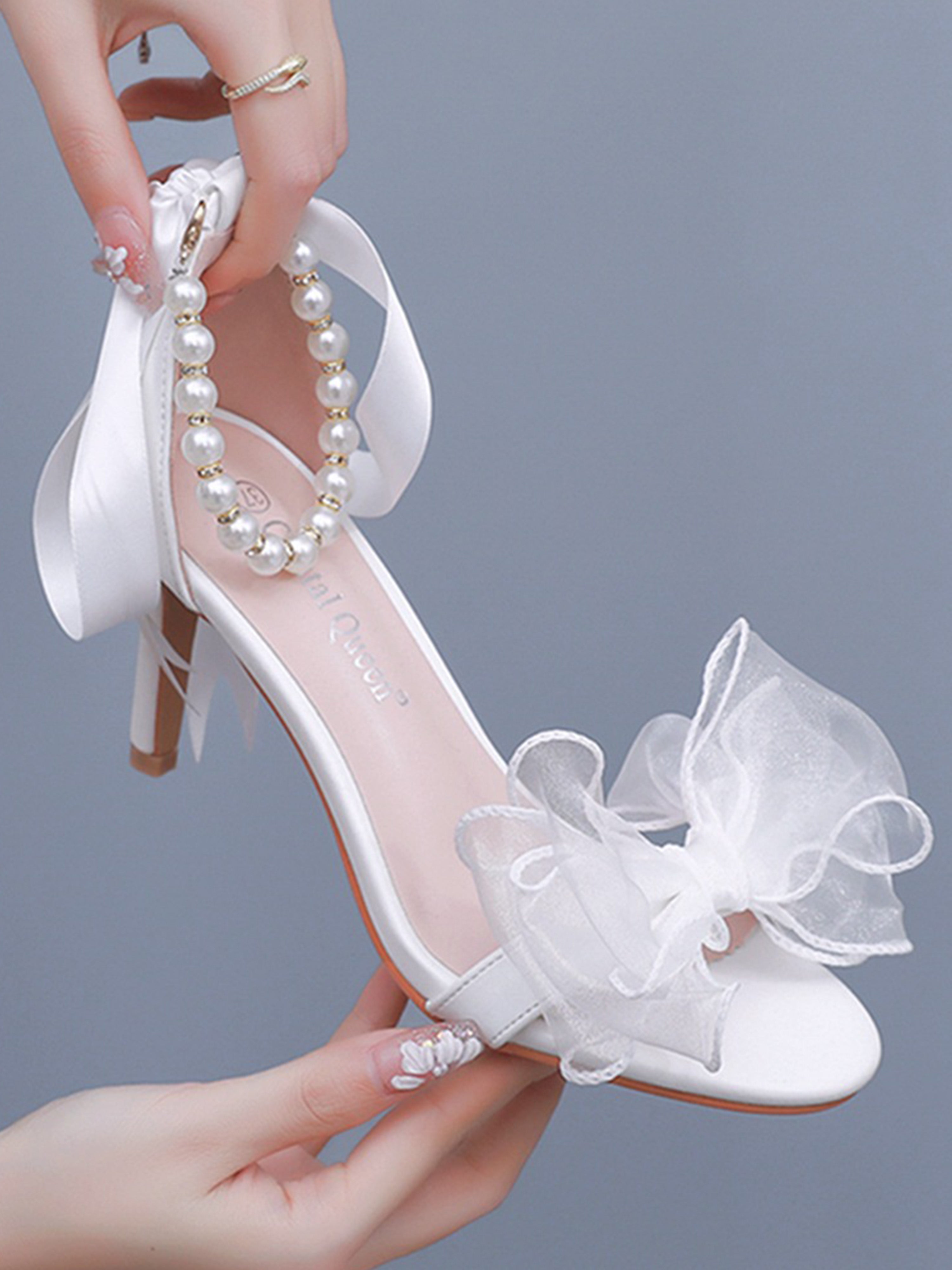 Bow Beaded Sandals Slim Heels Peep Toe Heels Wedding Shoes White
