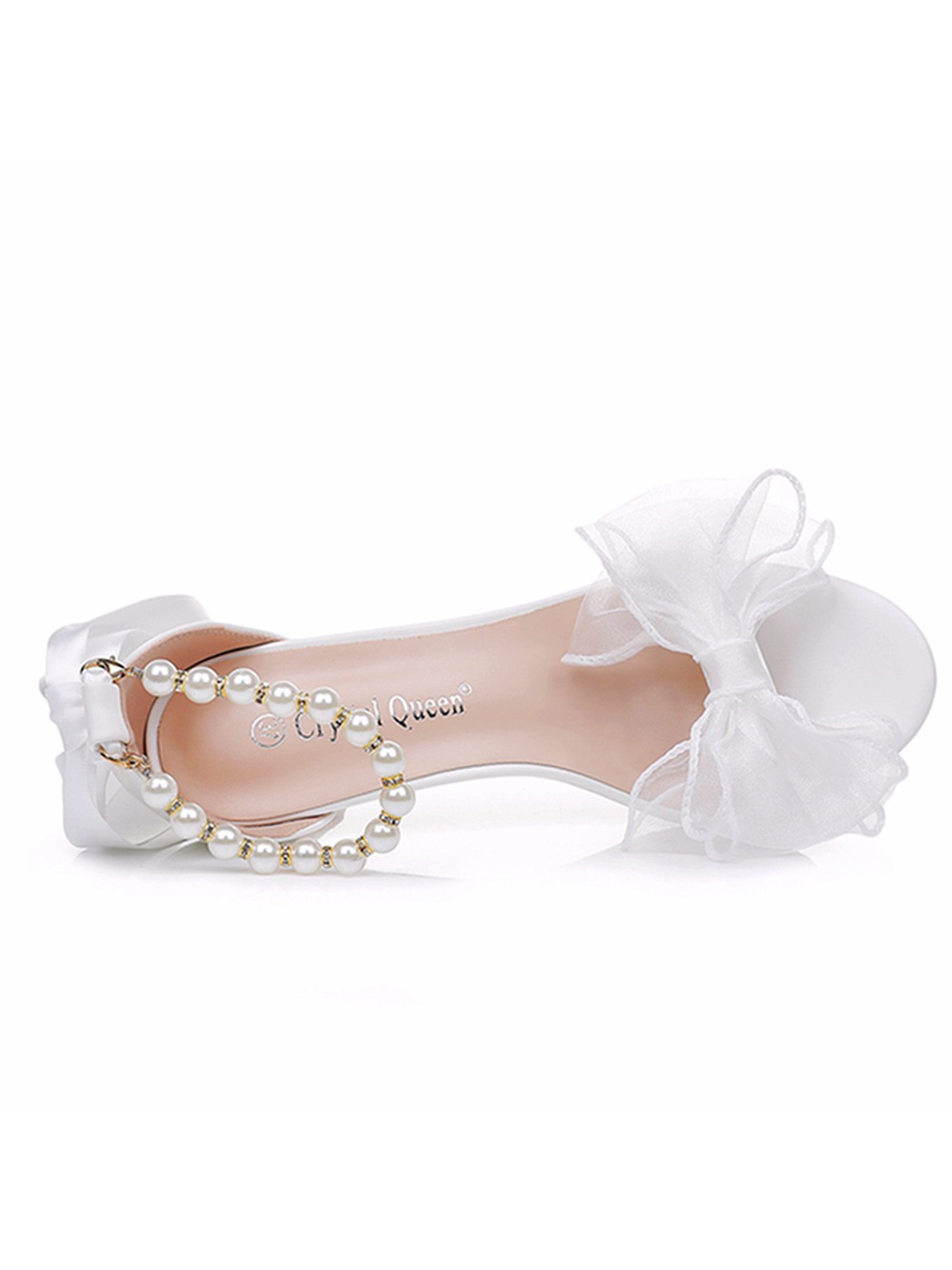 Bow Beaded Sandals Slim Heels Peep Toe Heels Wedding Shoes White