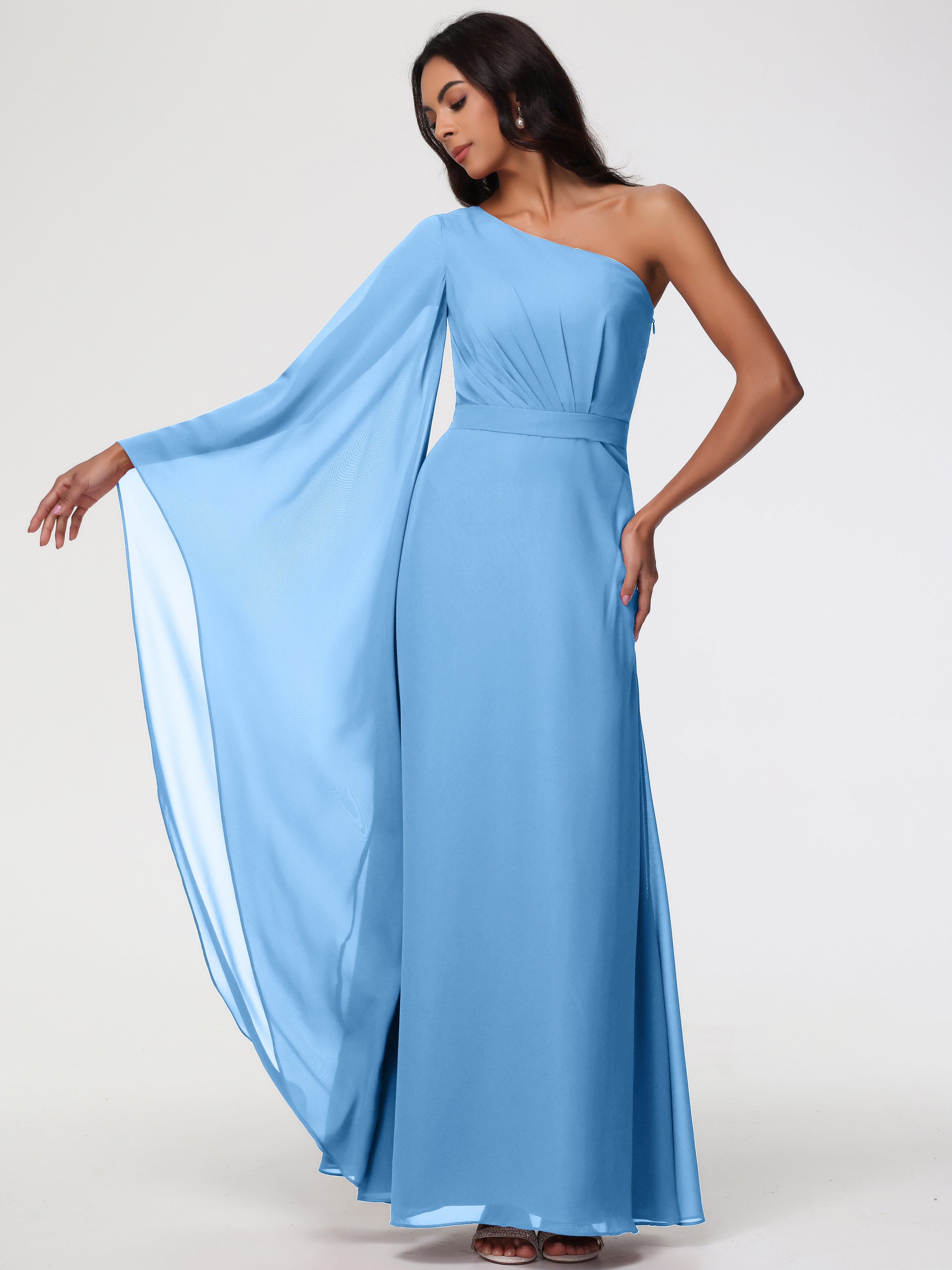 One Shoulder A-Line Pleats Floor-Length Chiffon Bridesmaid Dresses