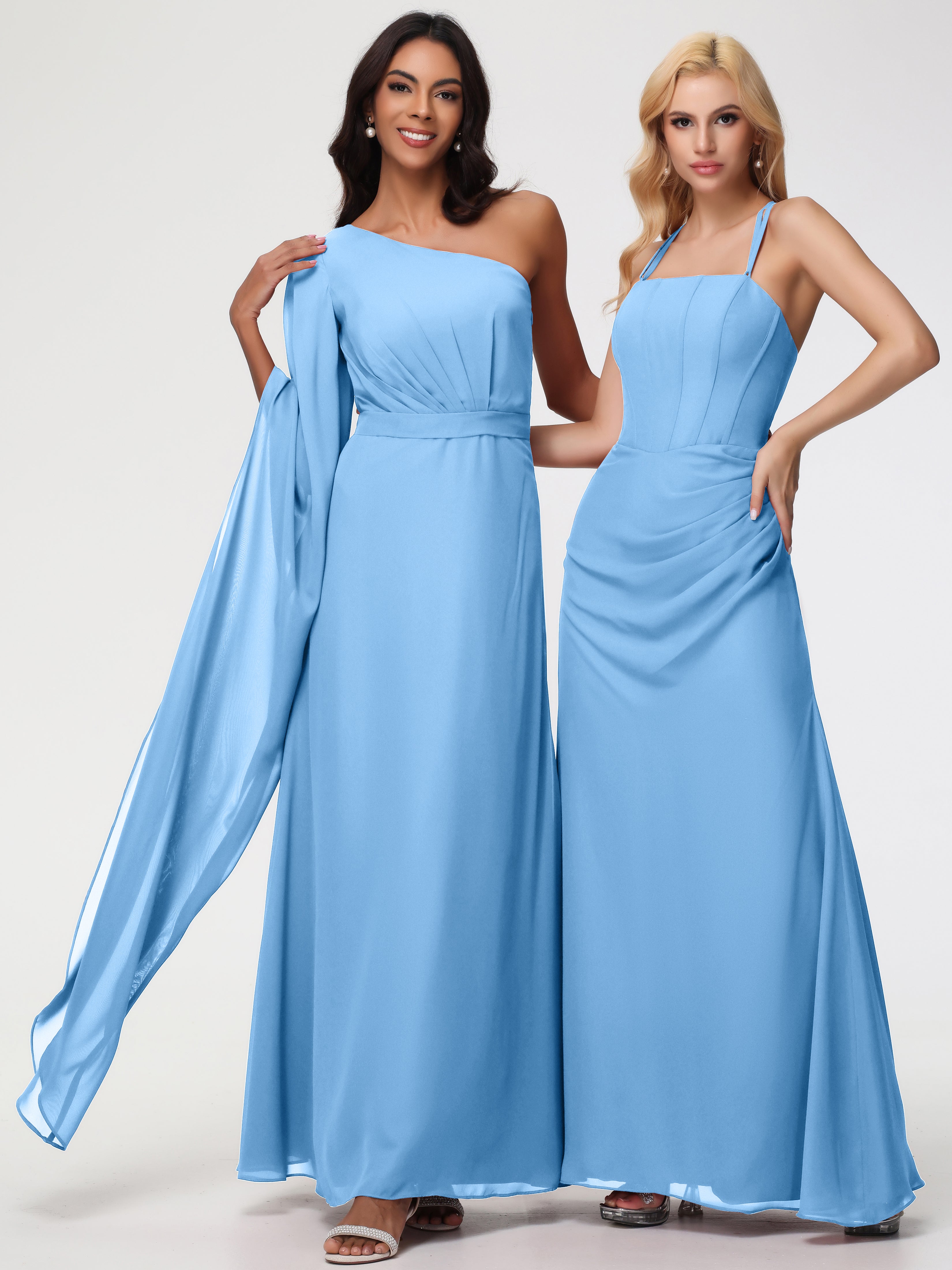 One Shoulder A-Line Pleats Floor-Length Chiffon Bridesmaid Dresses