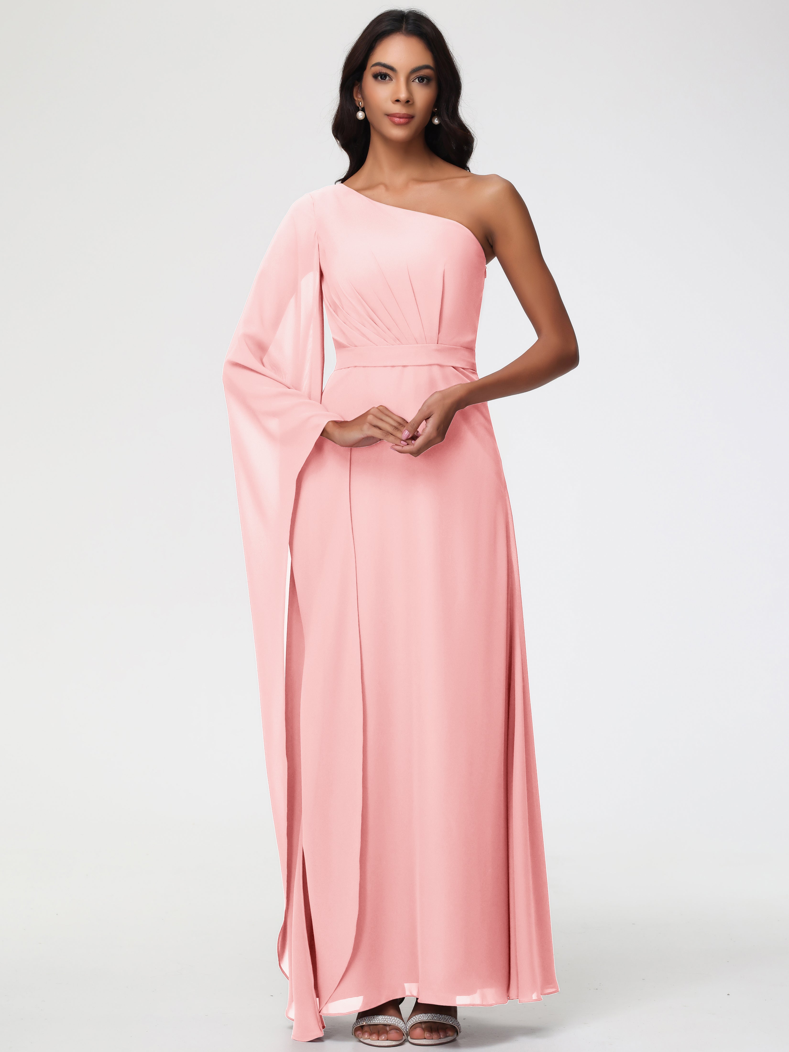One Shoulder A-Line Pleats Floor-Length Chiffon Bridesmaid Dresses