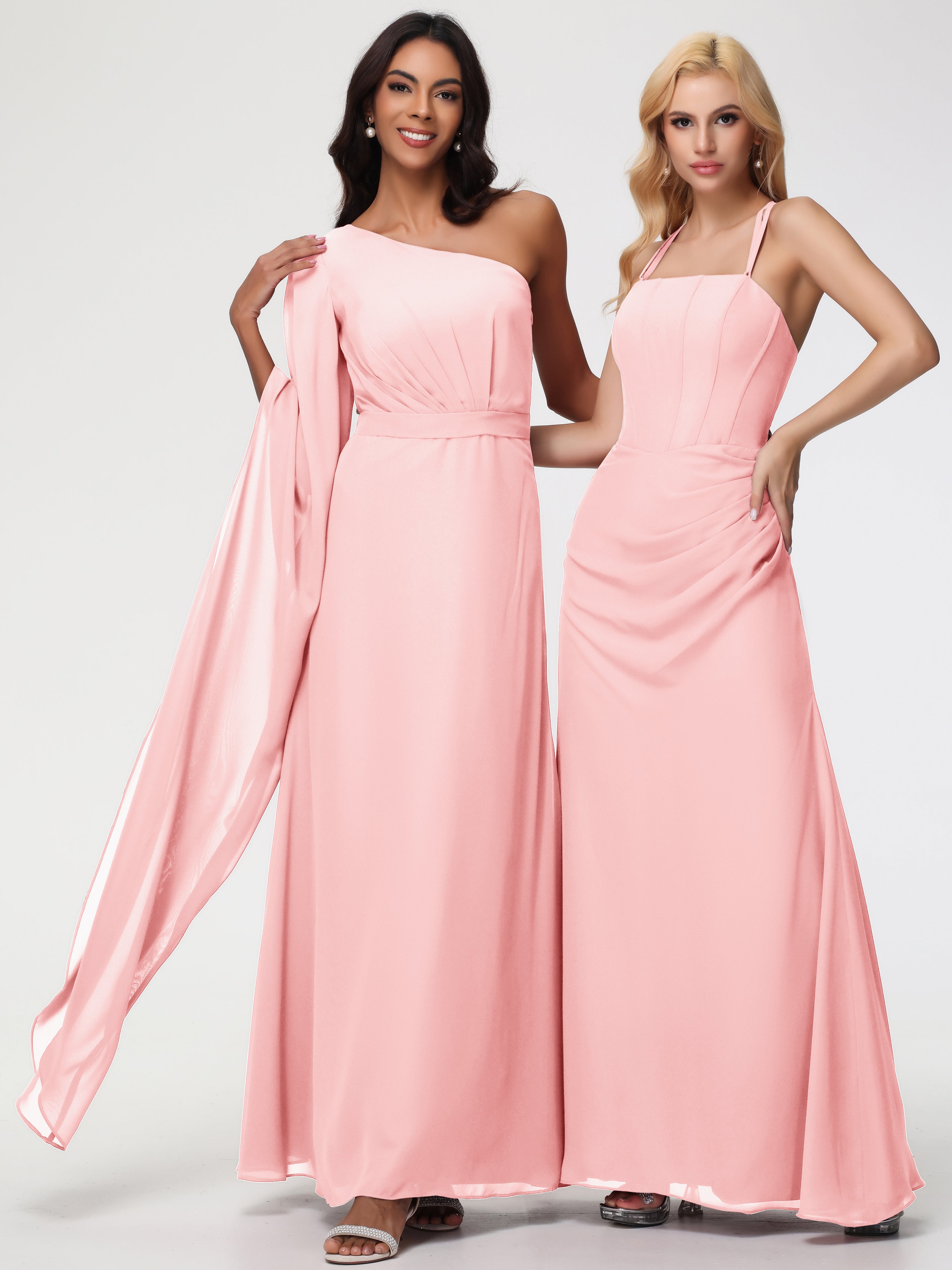 One Shoulder A-Line Pleats Floor-Length Chiffon Bridesmaid Dresses