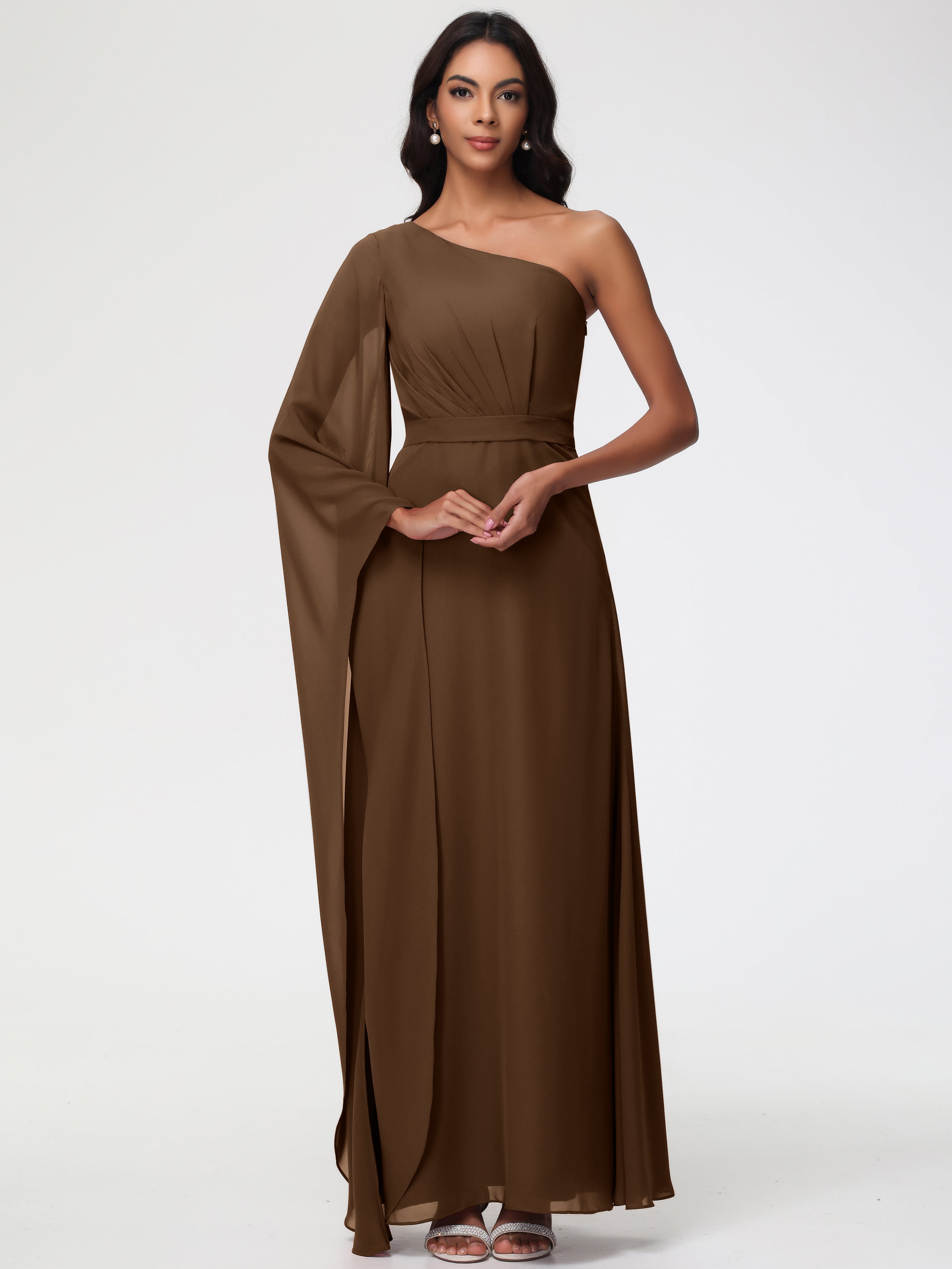 Brown Chiffon Bridesmaid Dress One Shoulder A-Line Pleats Floor-Length