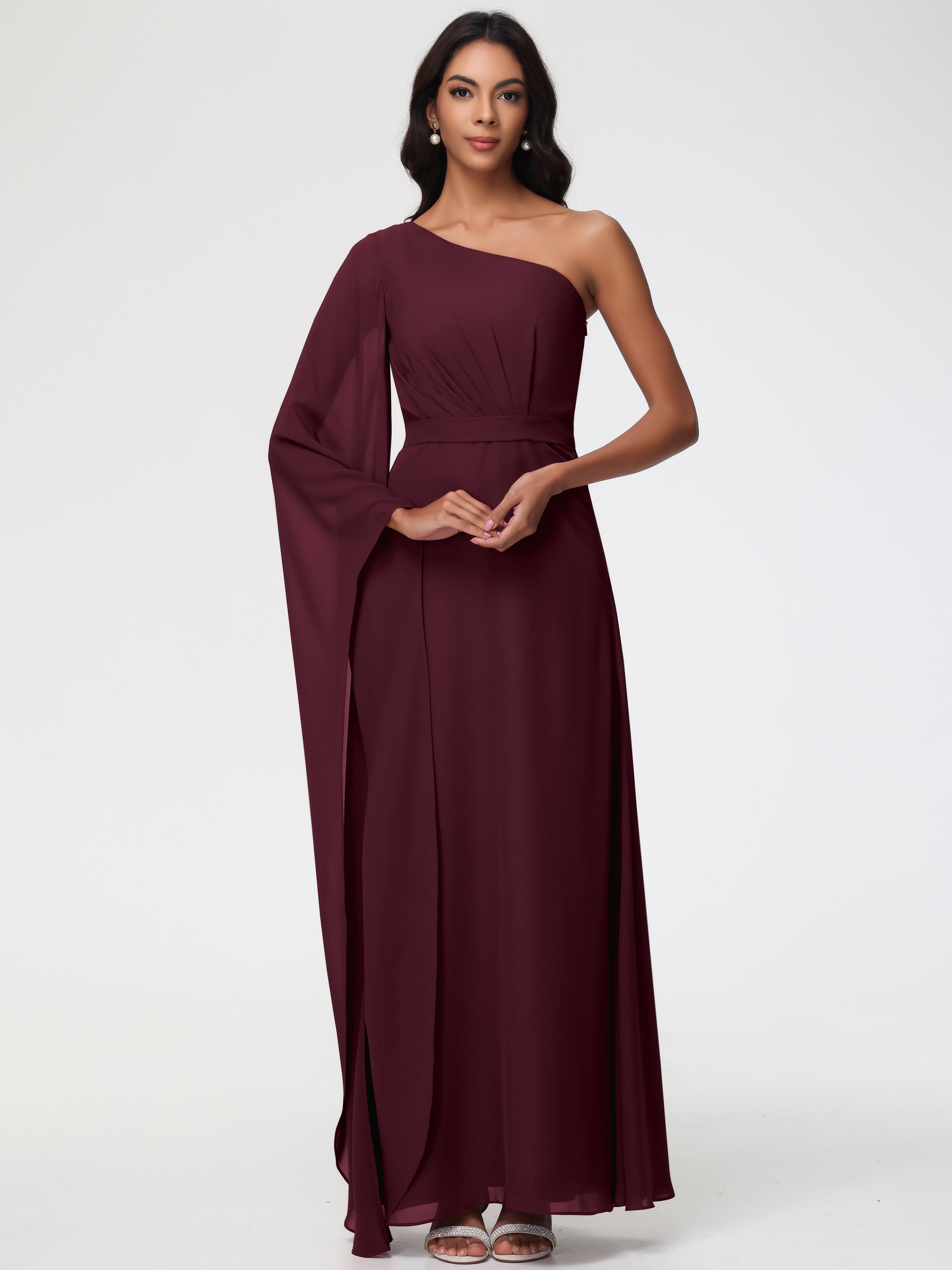 One Shoulder A-Line Pleats Floor-Length Chiffon Bridesmaid Dresses