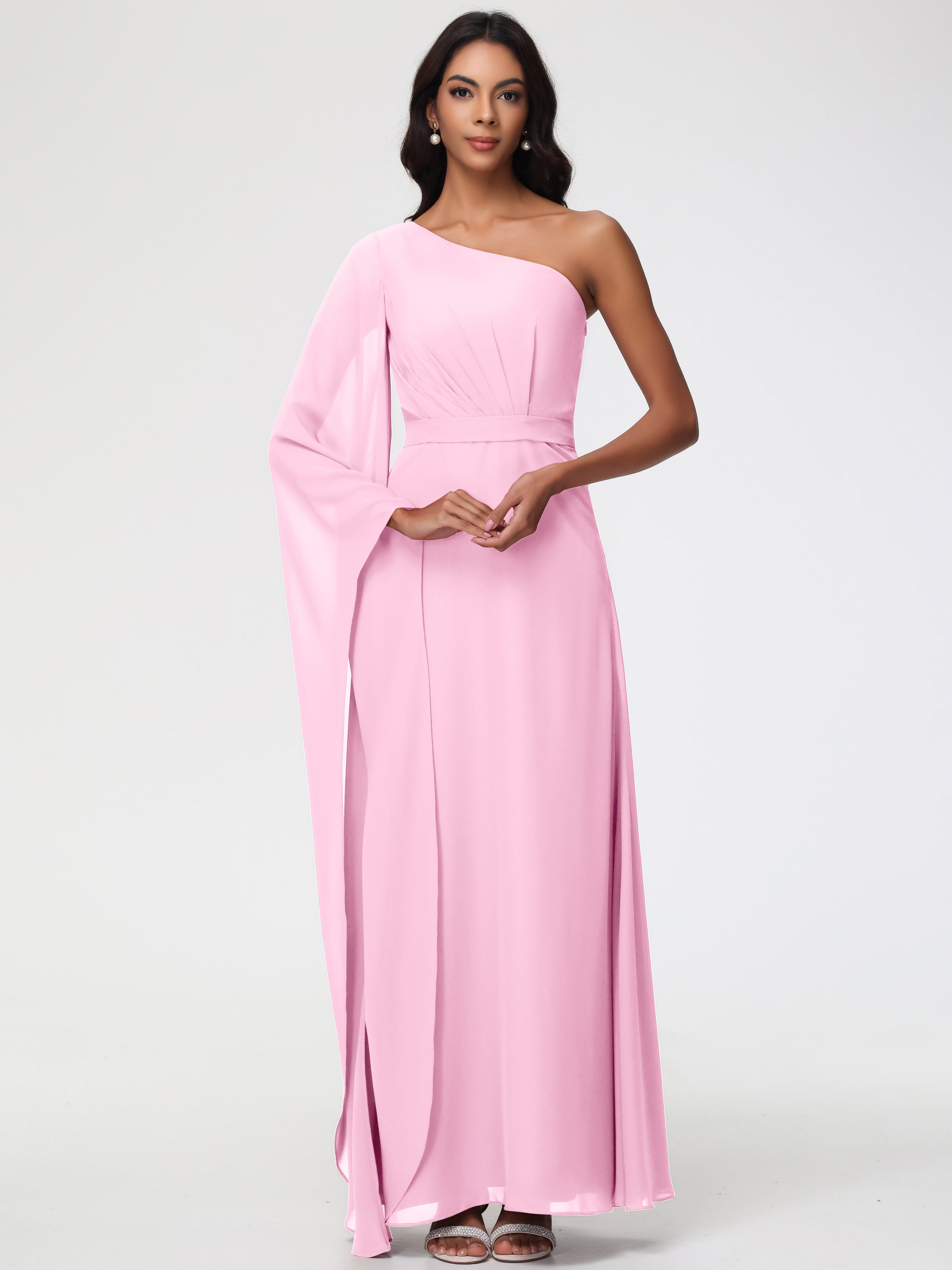 One Shoulder A-Line Pleats Floor-Length Chiffon Bridesmaid Dresses