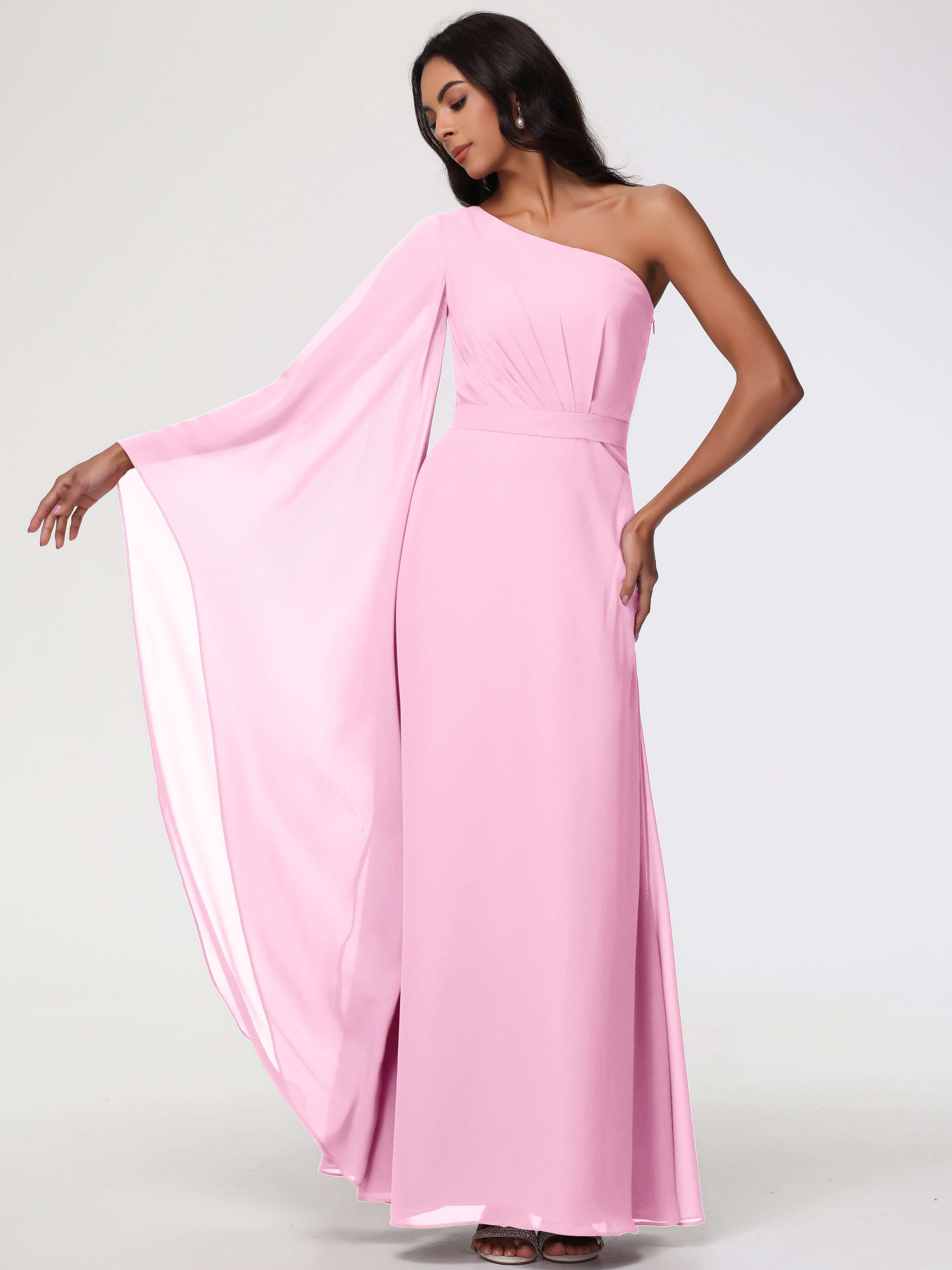One Shoulder A-Line Pleats Floor-Length Chiffon Bridesmaid Dresses