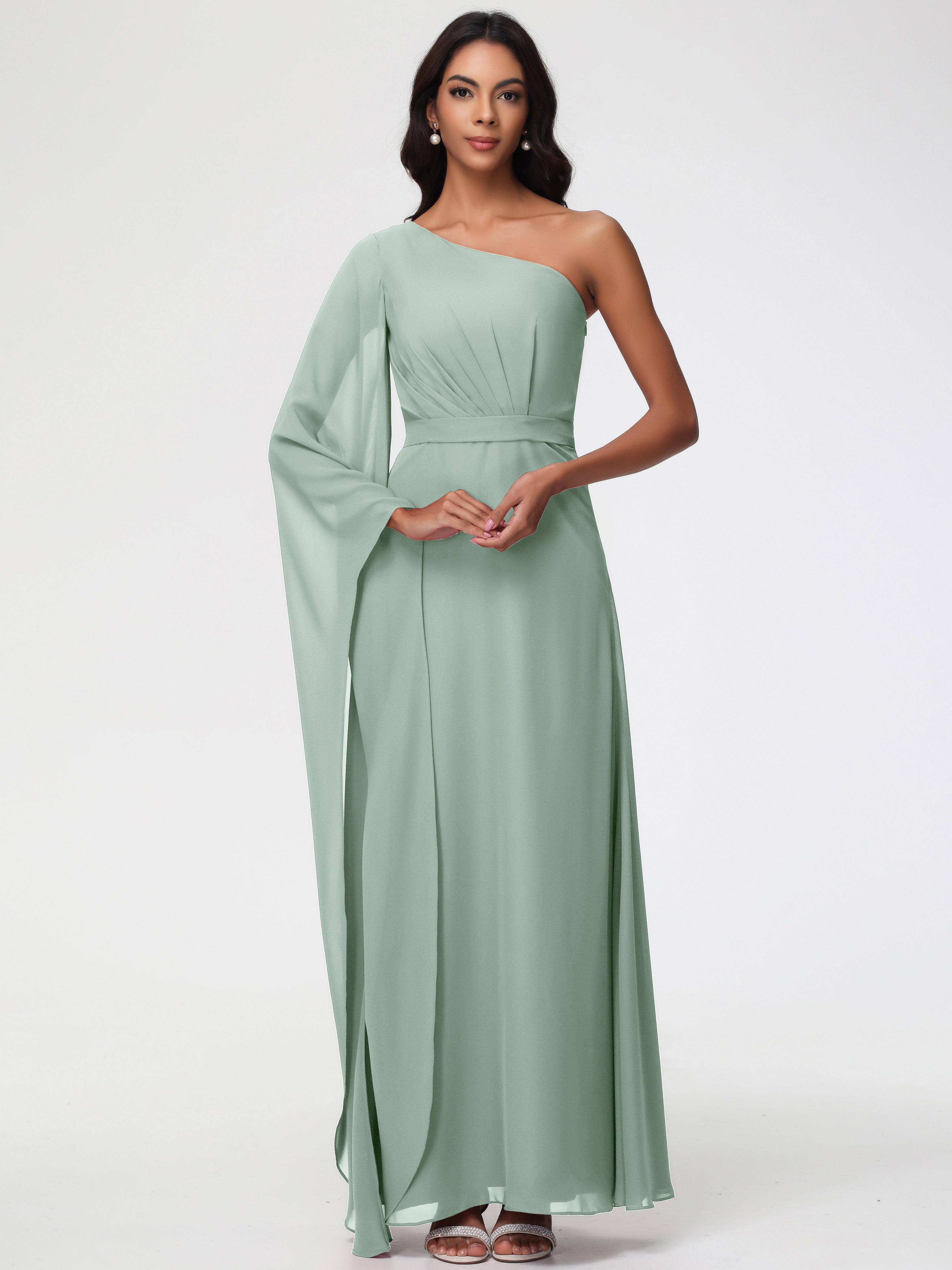 One Shoulder A-Line Pleats Floor-Length Chiffon Bridesmaid Dresses