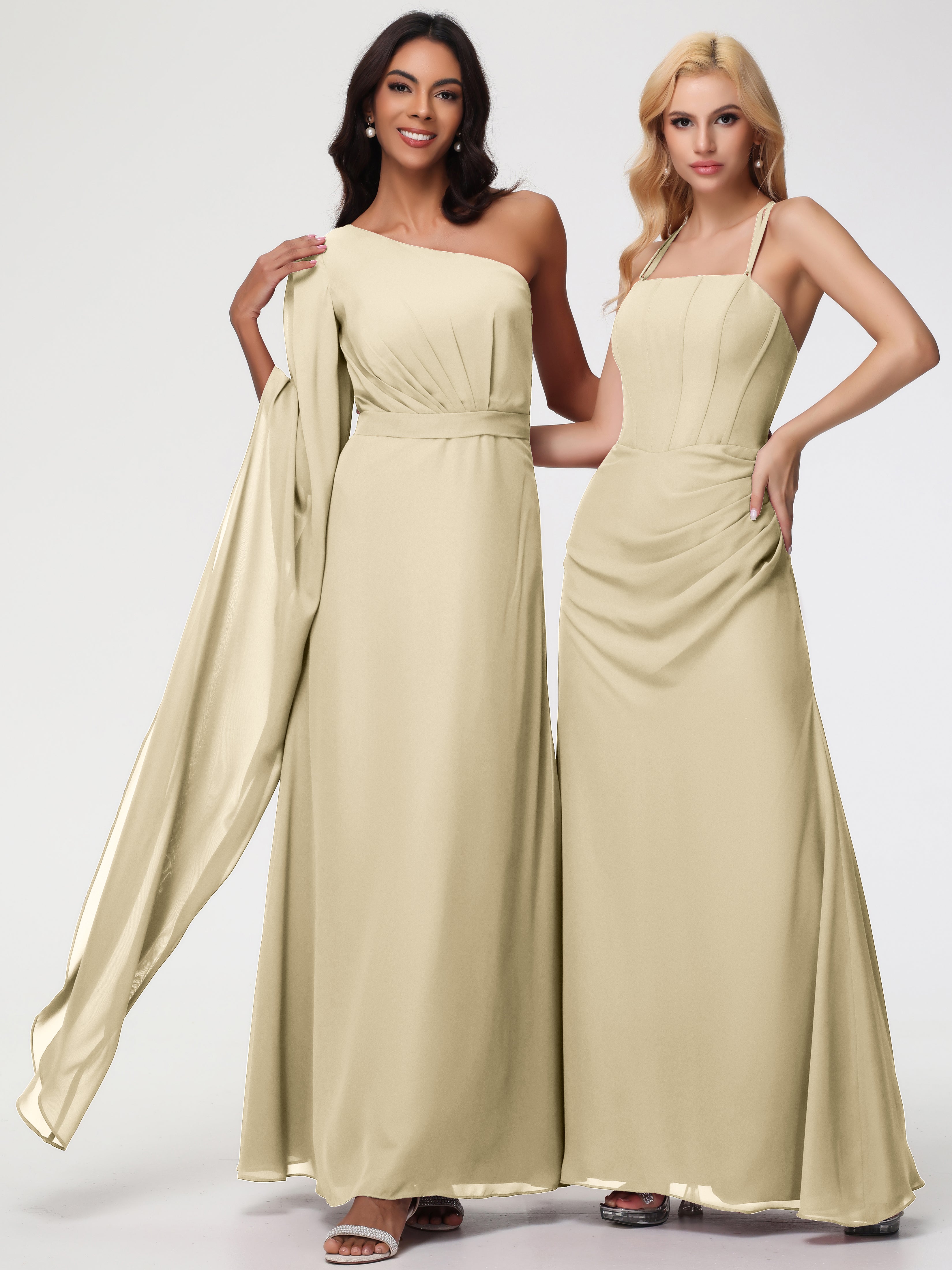 One Shoulder A-Line Pleats Floor-Length Chiffon Bridesmaid Dresses