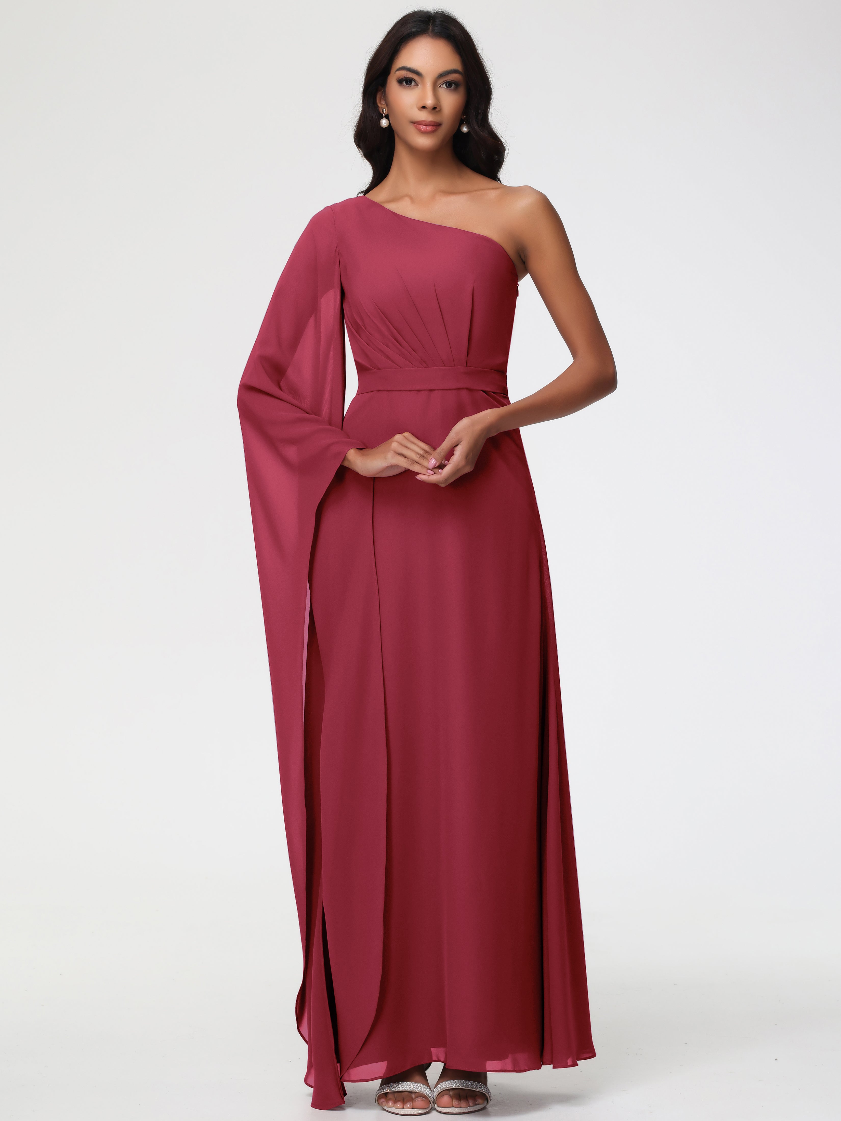 Cinnamon Rose Bridesmaid One Shoulder A-Line Pleats Floor-Length Chiff