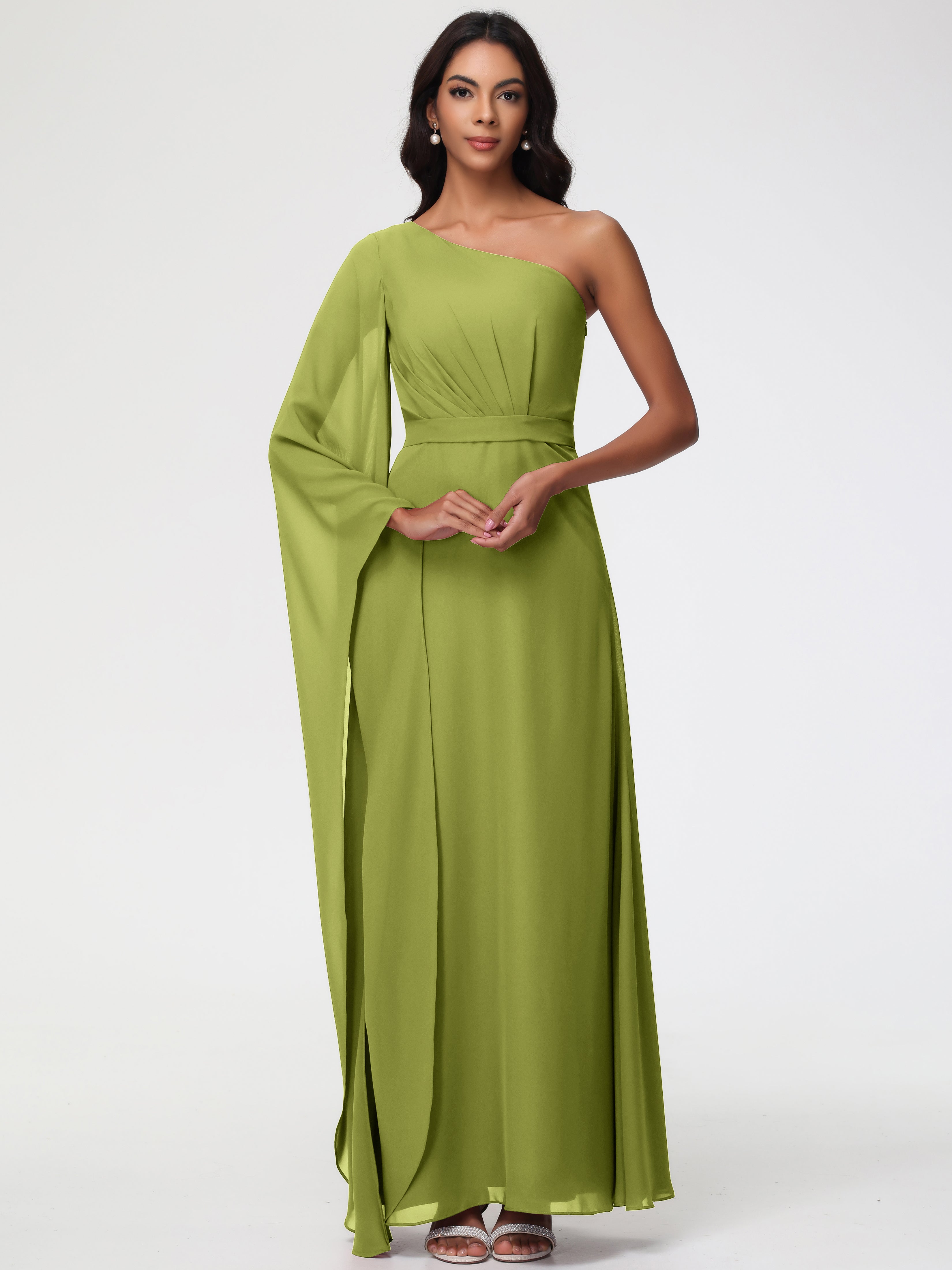 One Shoulder A-Line Pleats Floor-Length Chiffon Bridesmaid Dresses