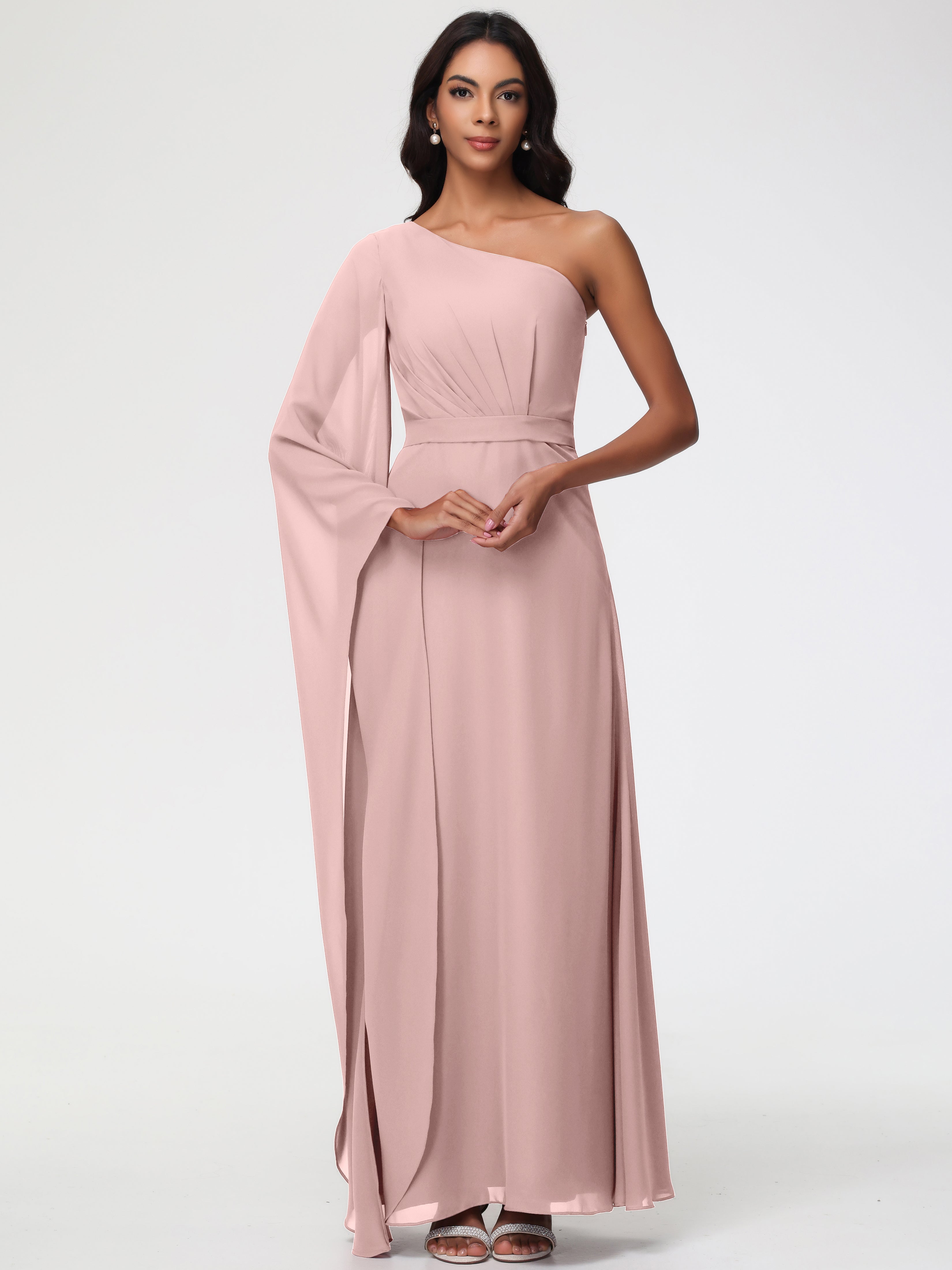 One Shoulder A-Line Pleats Floor-Length Chiffon Bridesmaid Dresses