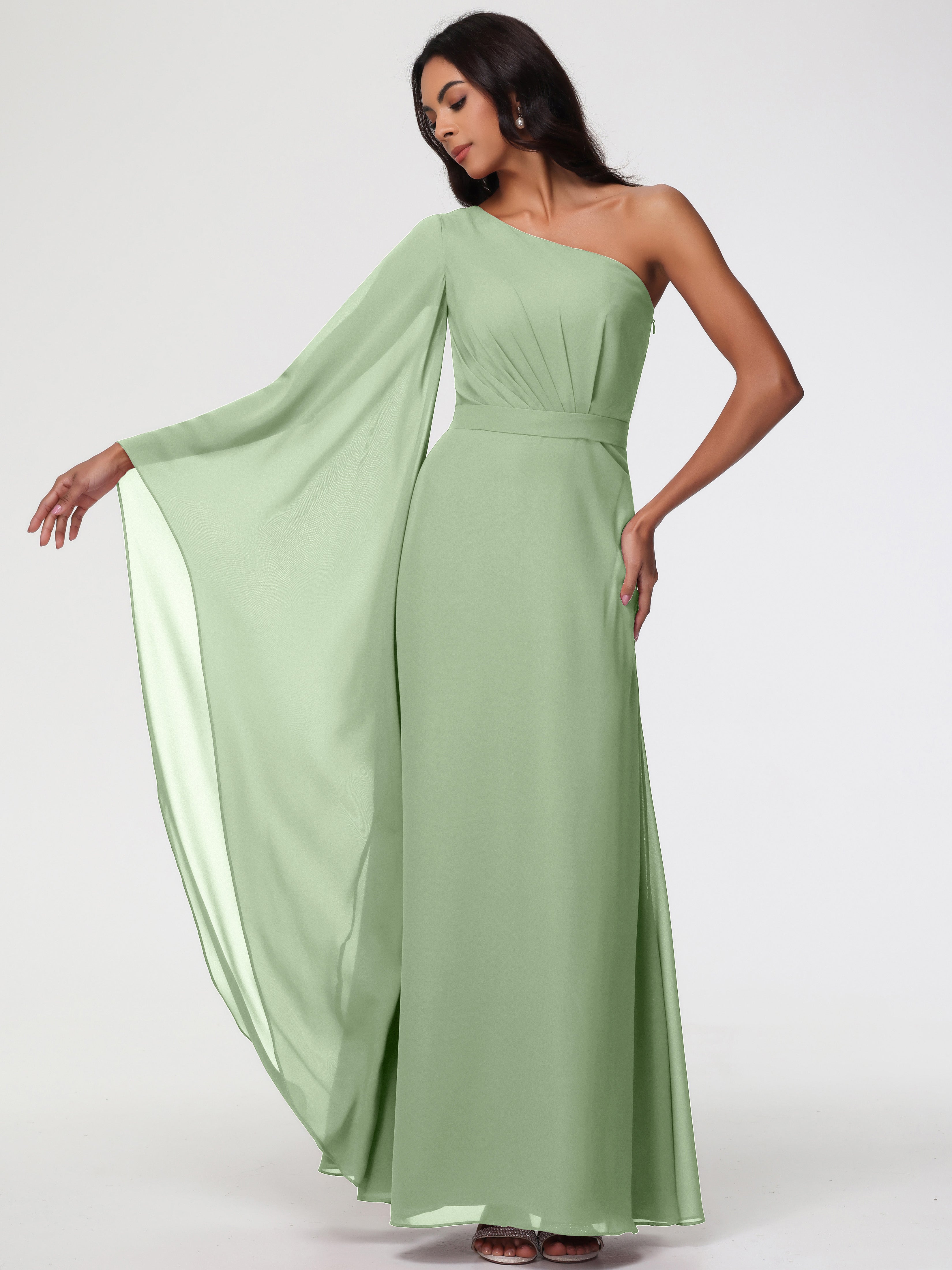 One Shoulder A-Line Pleats Floor-Length Chiffon Bridesmaid Dresses