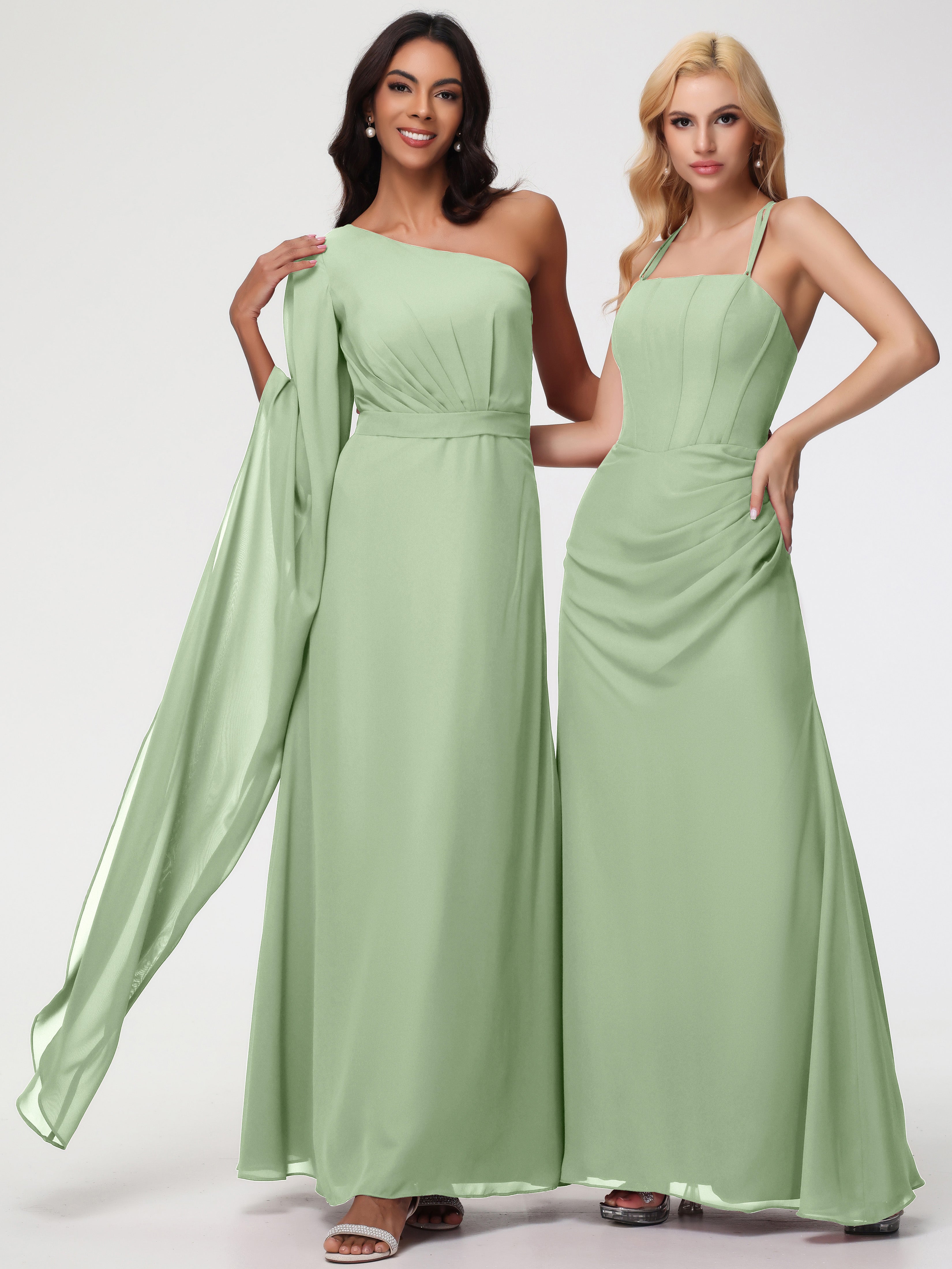One Shoulder A-Line Pleats Floor-Length Chiffon Bridesmaid Dresses