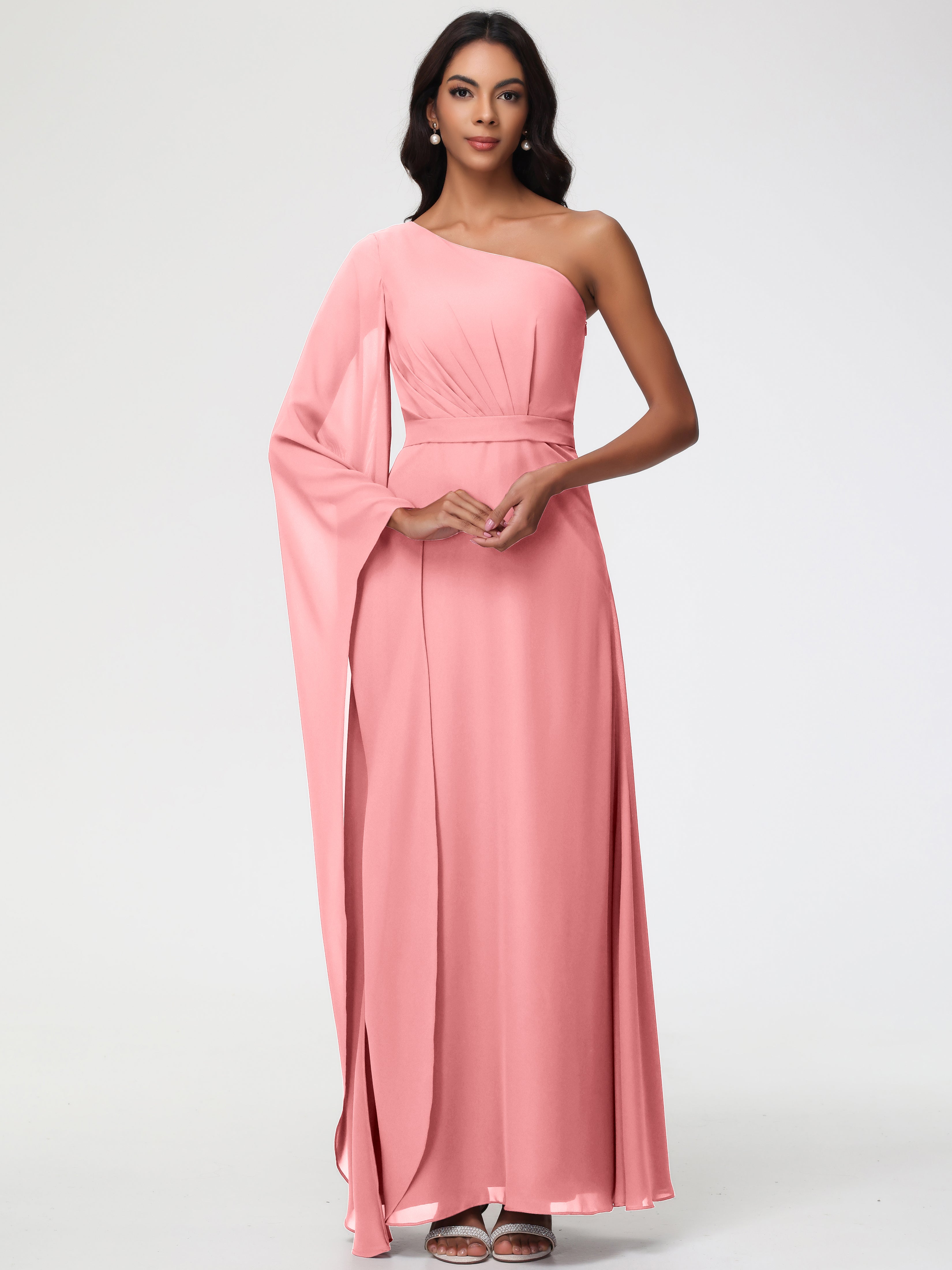 One Shoulder A-Line Pleats Floor-Length Chiffon Bridesmaid Dresses