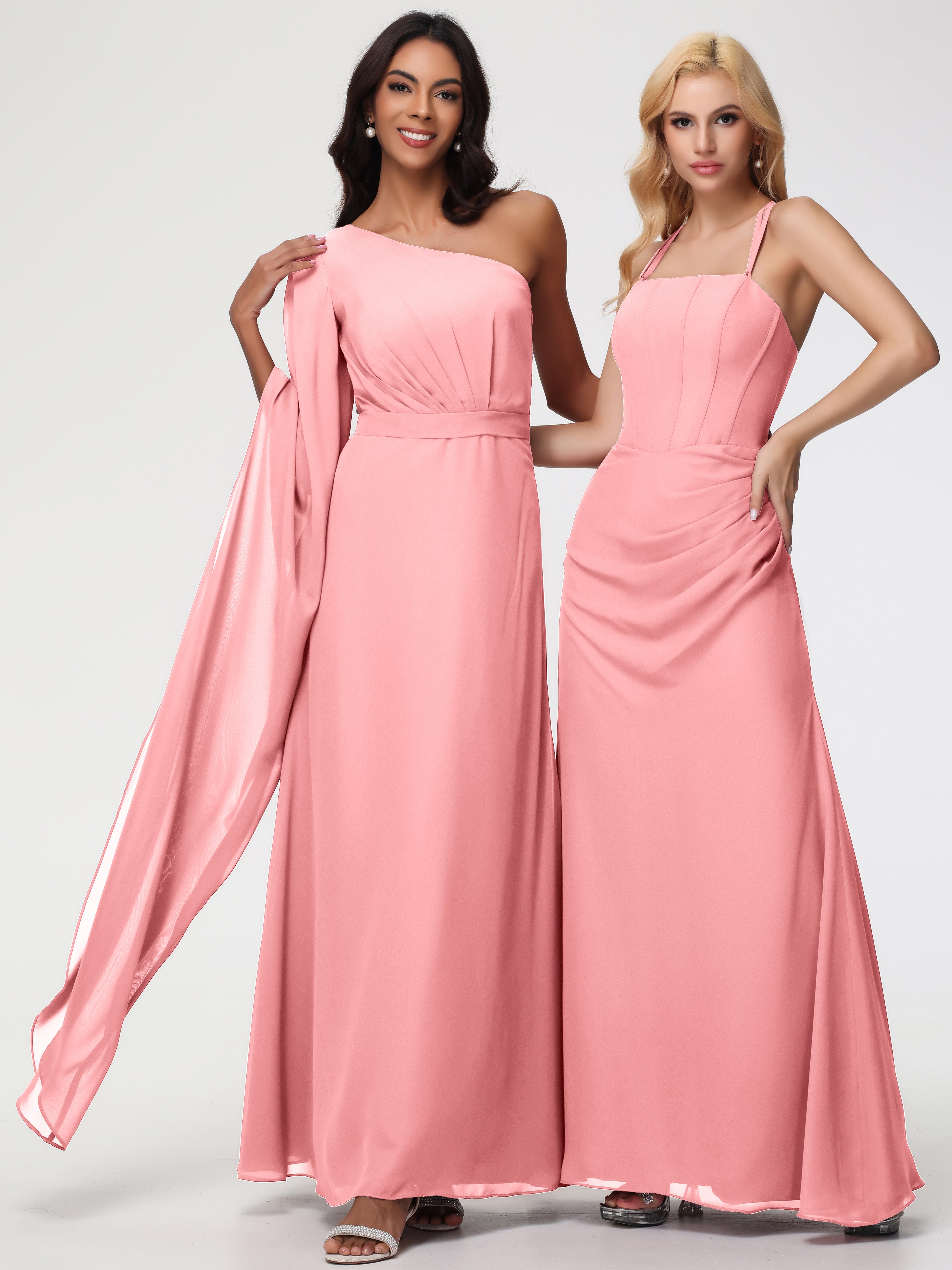 One Shoulder A-Line Pleats Floor-Length Chiffon Bridesmaid Dresses
