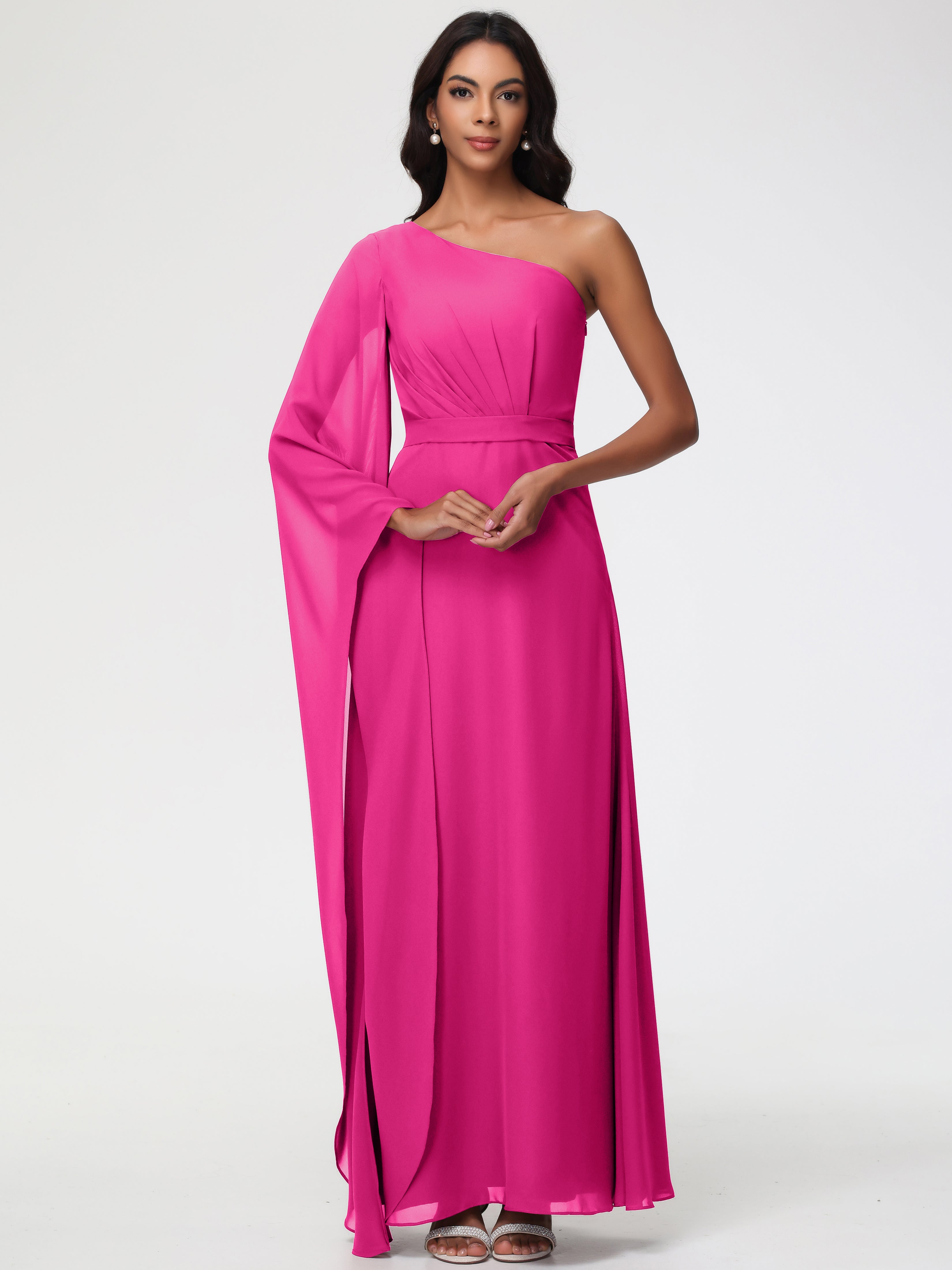 One Shoulder A-Line Pleats Floor-Length Chiffon Bridesmaid Dresses