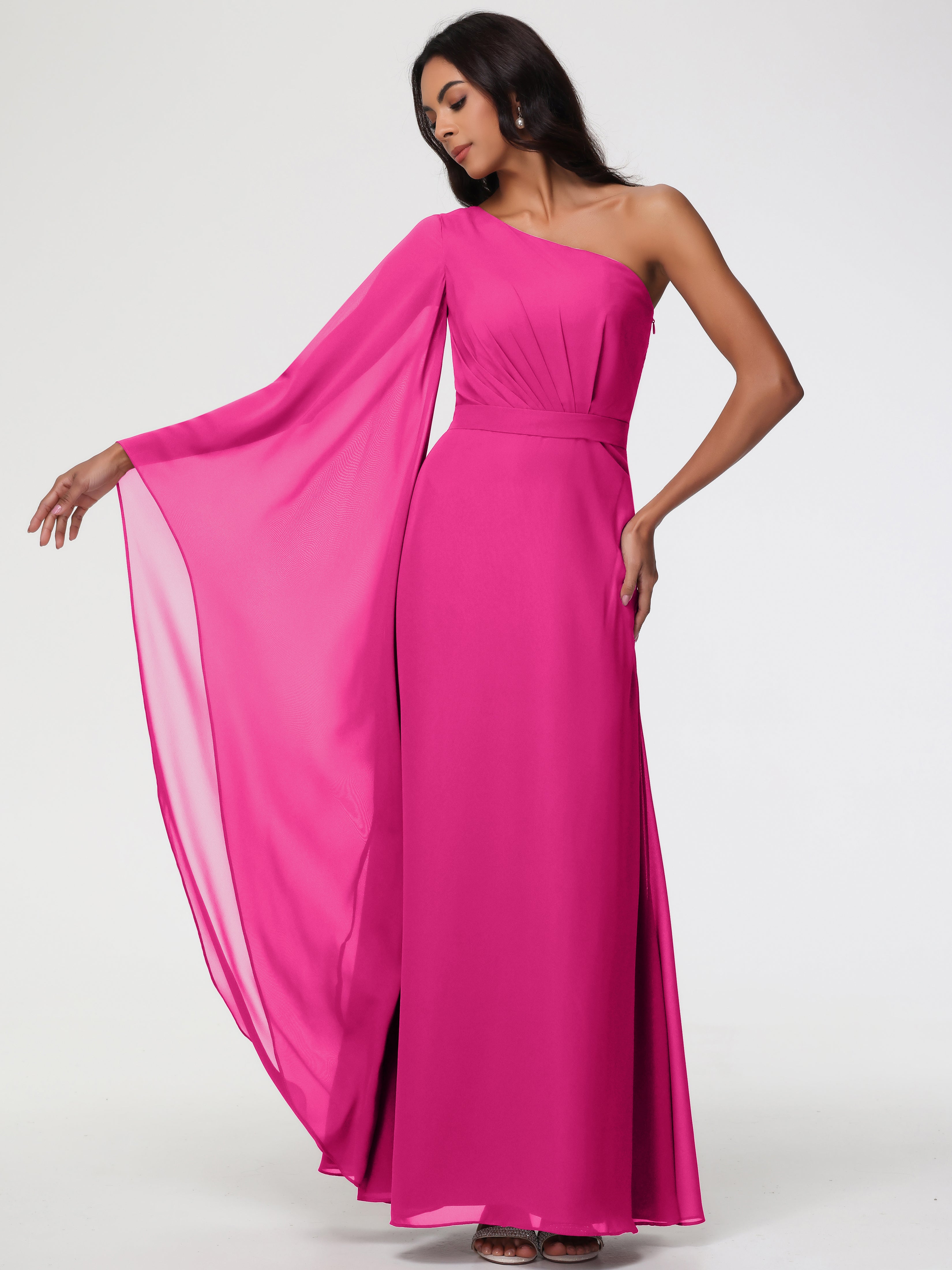 One Shoulder A-Line Pleats Floor-Length Chiffon Bridesmaid Dresses