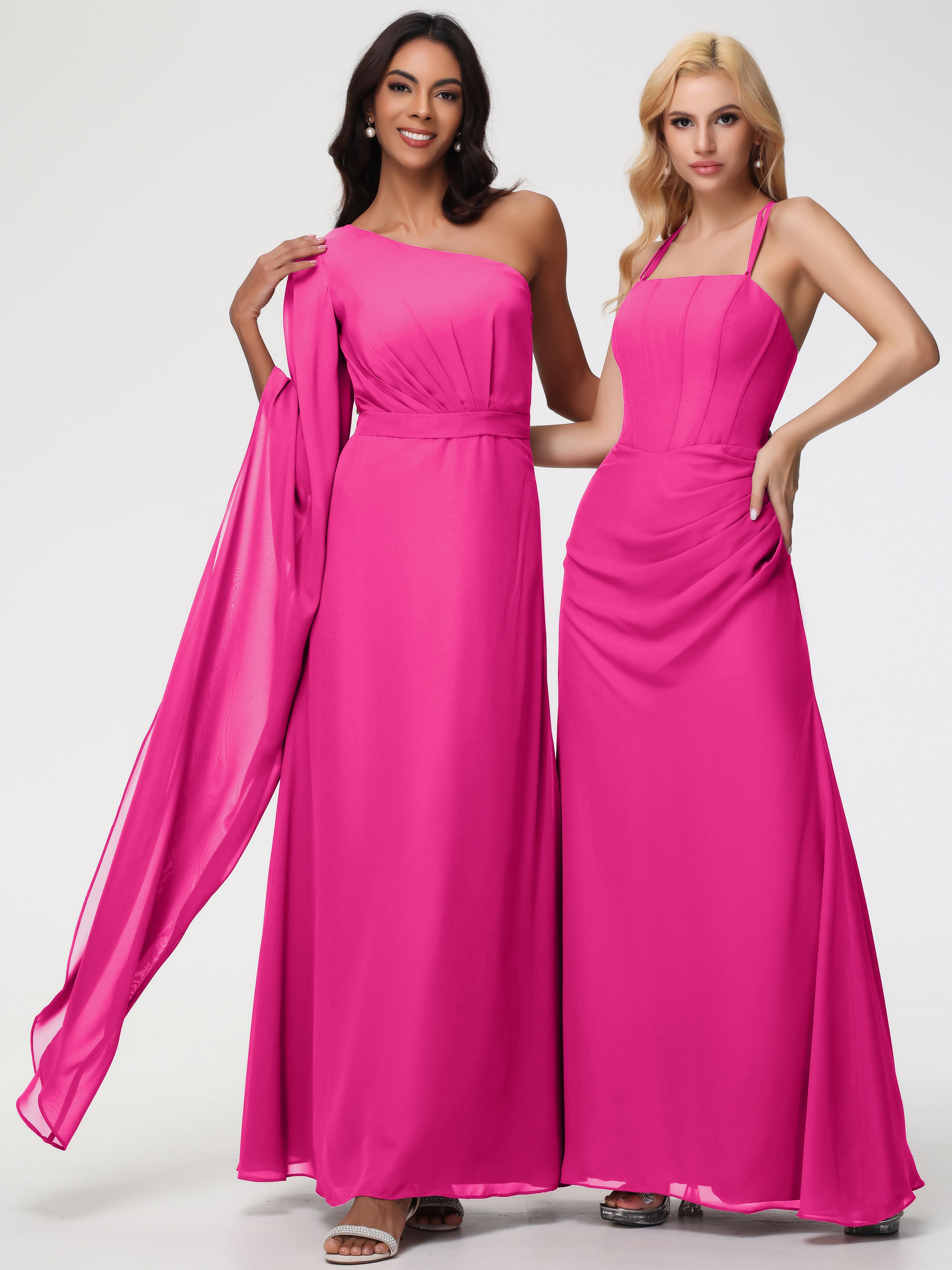 One Shoulder A-Line Pleats Floor-Length Chiffon Bridesmaid Dresses