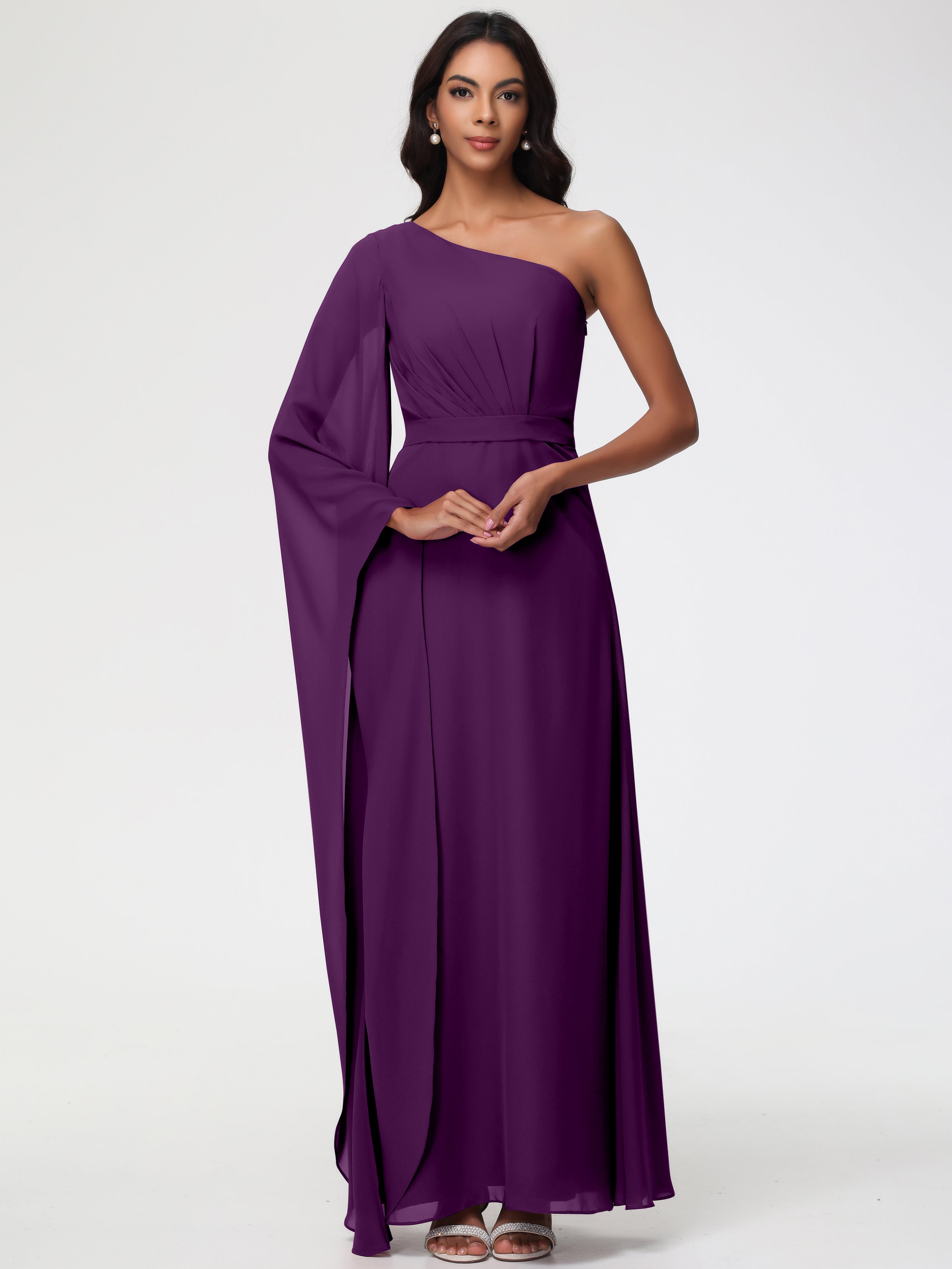 One Shoulder A-Line Pleats Floor-Length Chiffon Bridesmaid Dresses