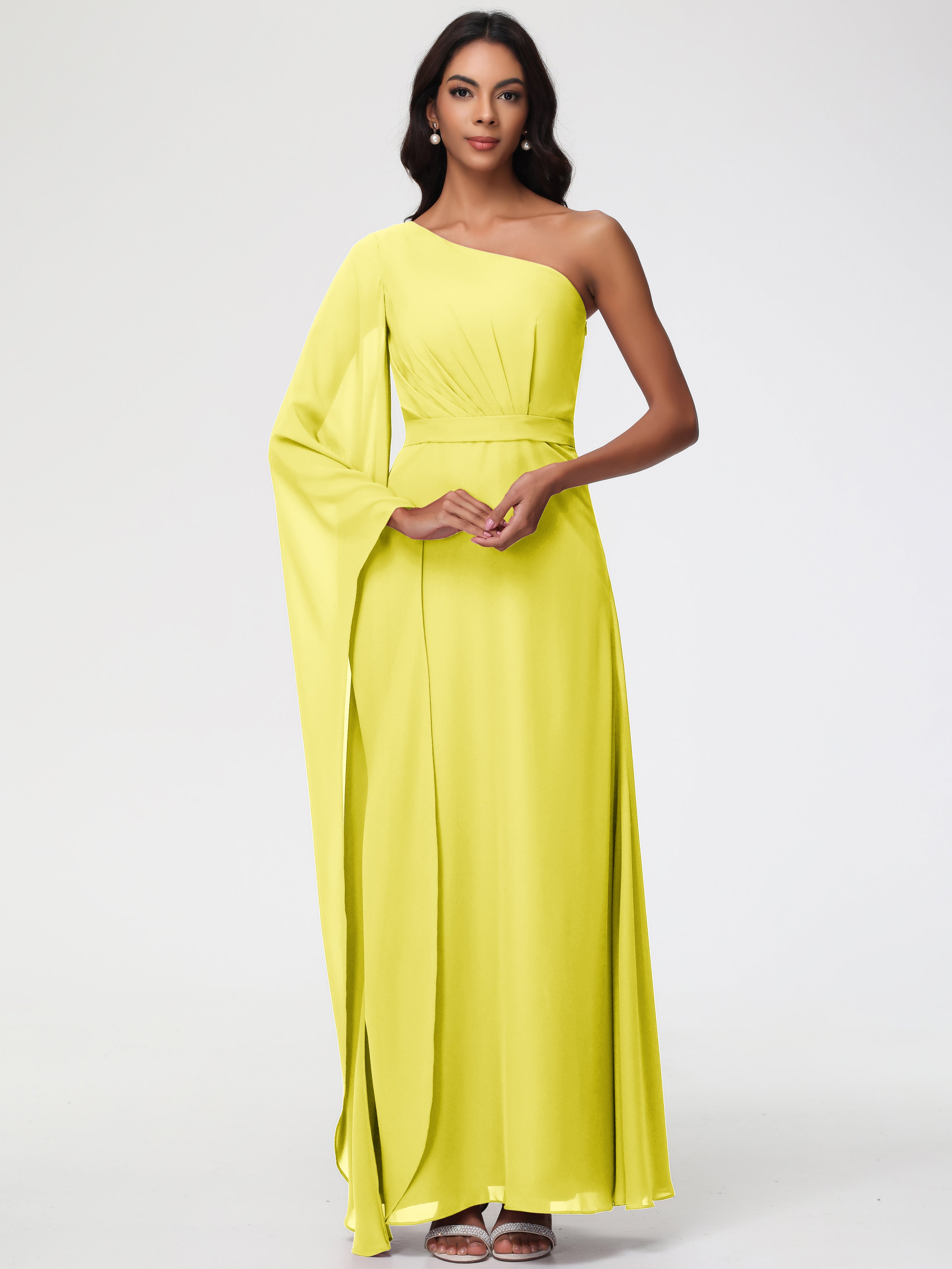 Bridesmaid Dresses In Lemon One Shoulder A-Line Pleats Floor-Length Ch Bridesmaid Dresses In Lemon One Shoulder A-Line Pleats Floor-Length Ch